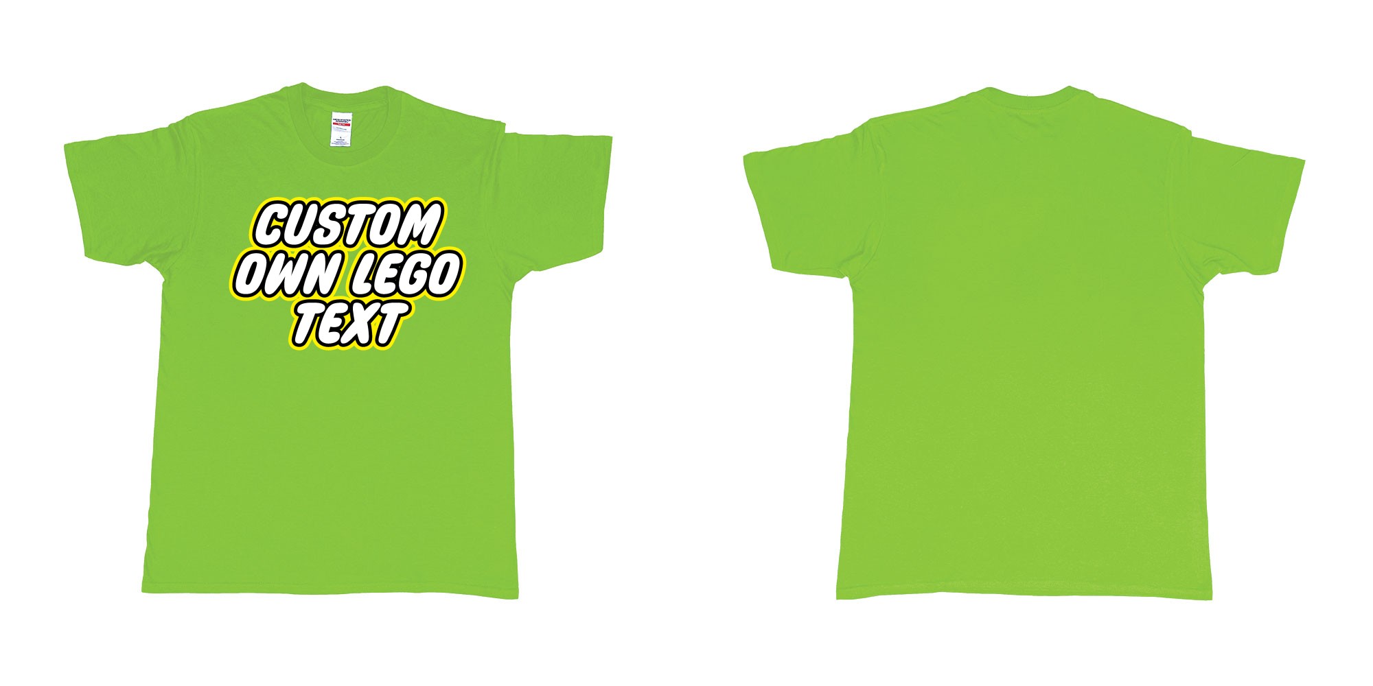 Custom tshirt design own custom lego font text tshirt printing bali in fabric color lime choice your own text made in Bali by The Pirate Way