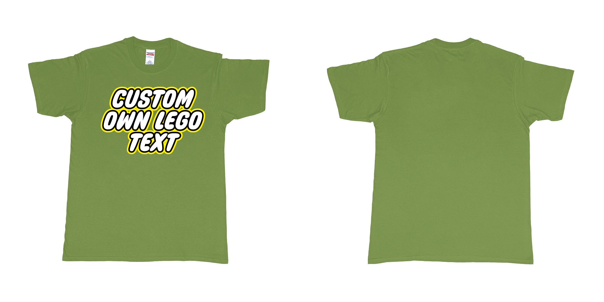 Custom tshirt design own custom lego font text tshirt printing bali in fabric color military-green choice your own text made in Bali by The Pirate Way