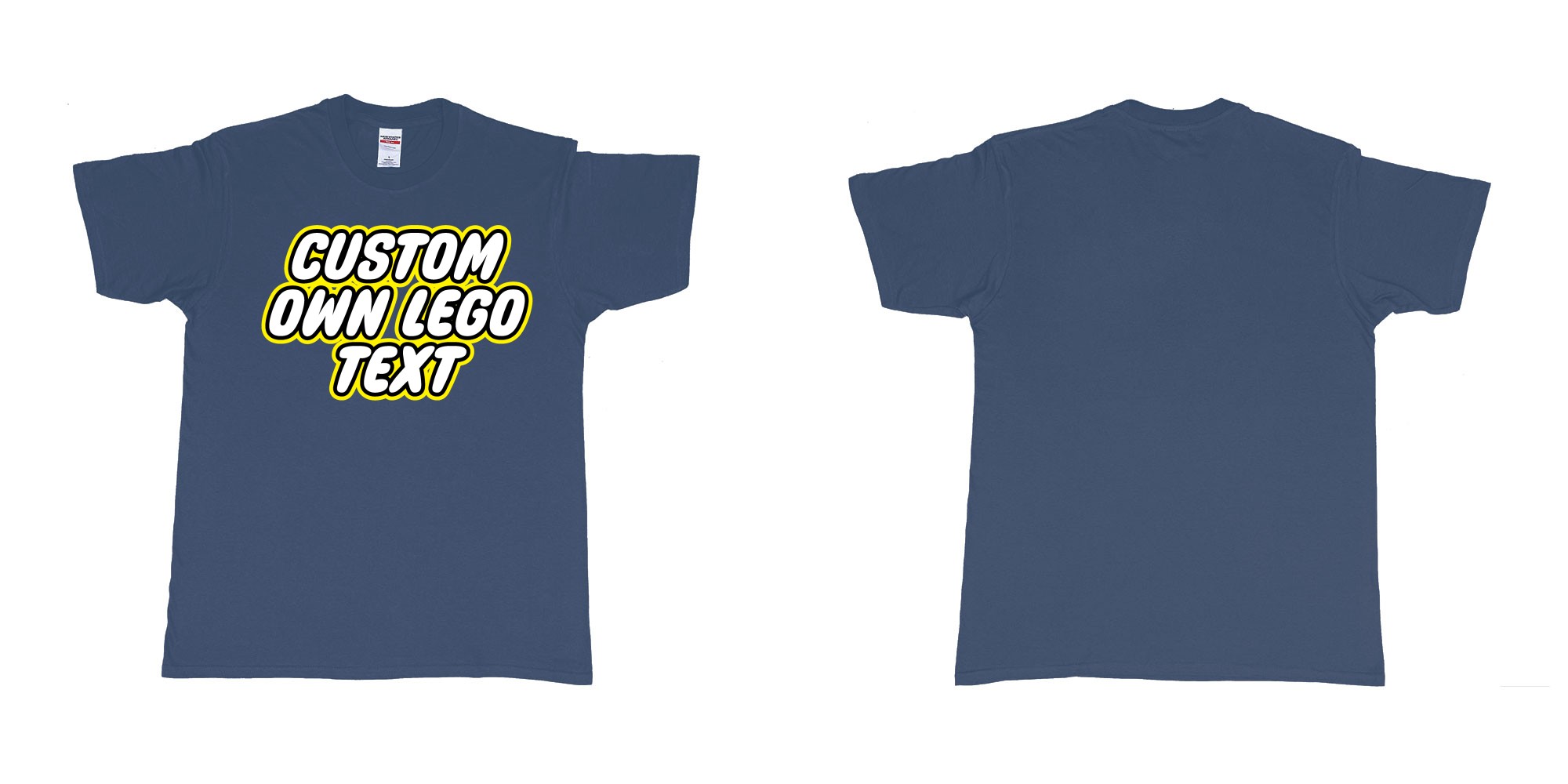 Custom tshirt design own custom lego font text tshirt printing bali in fabric color navy choice your own text made in Bali by The Pirate Way