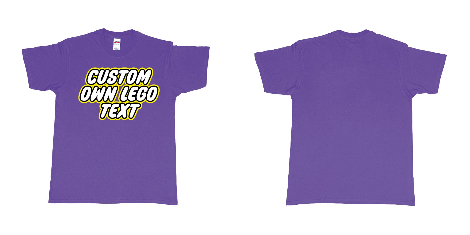 Custom tshirt design own custom lego font text tshirt printing bali in fabric color purple choice your own text made in Bali by The Pirate Way