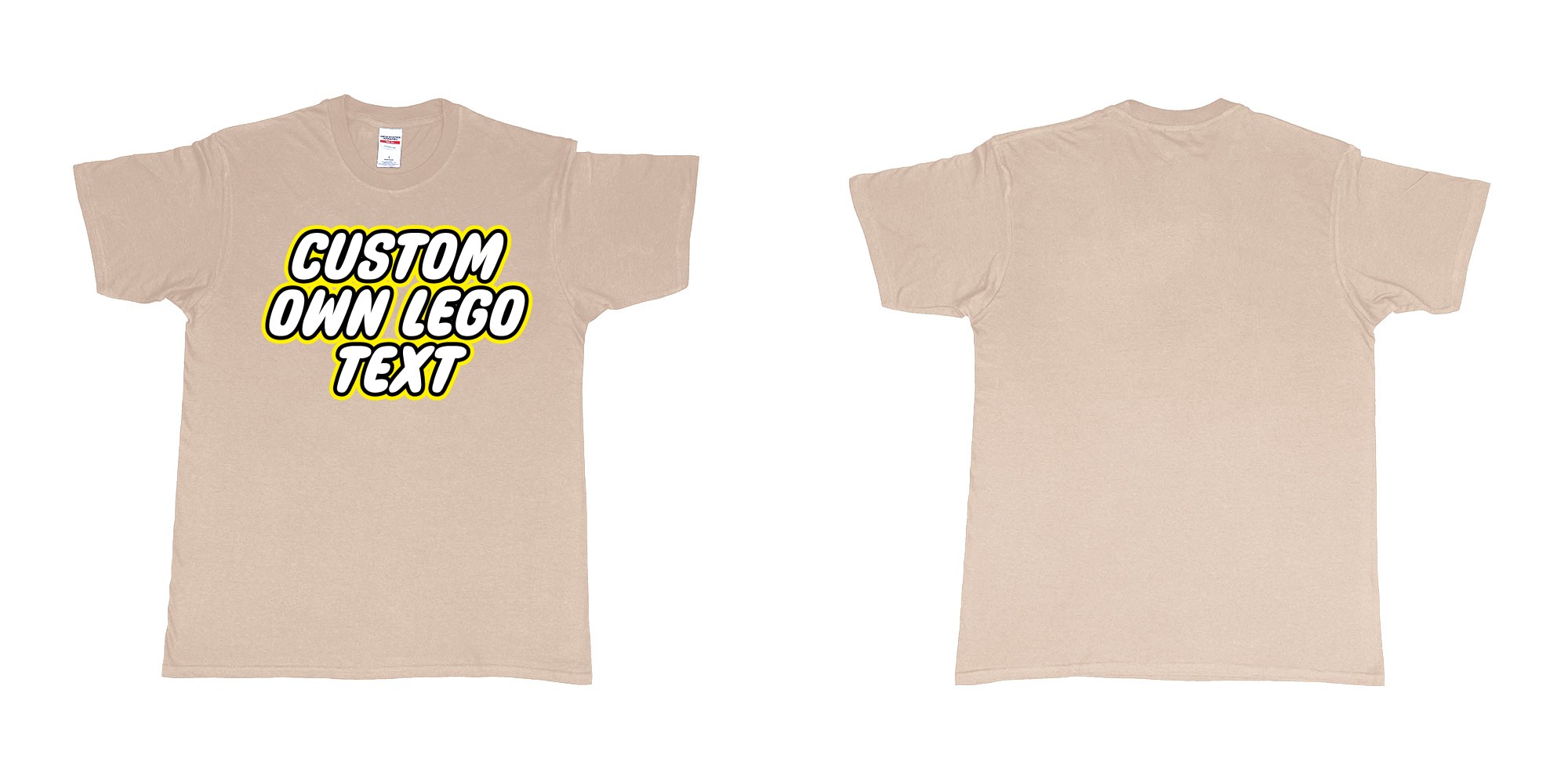 Custom tshirt design own custom lego font text tshirt printing bali in fabric color sand choice your own text made in Bali by The Pirate Way