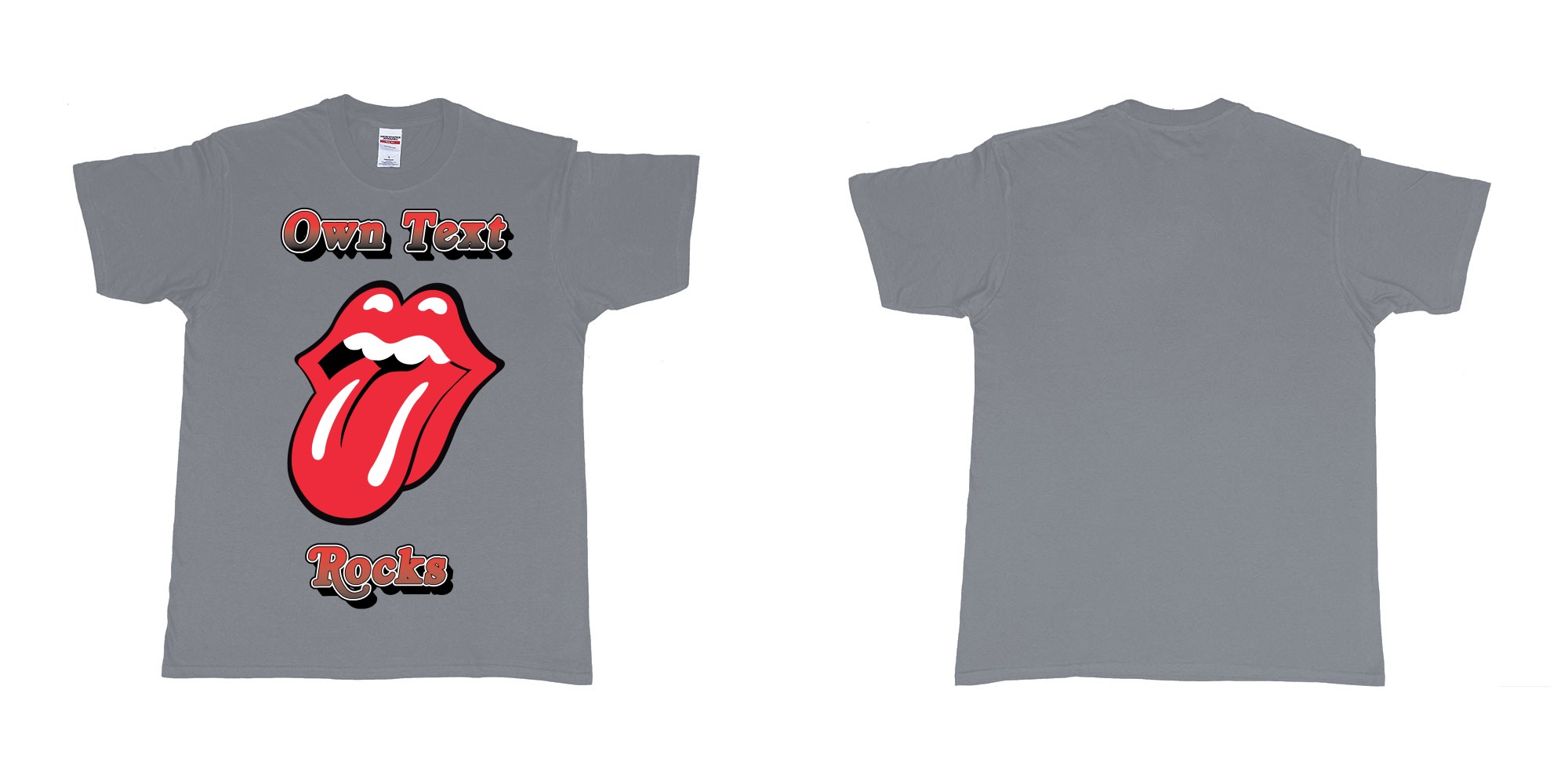 Custom tshirt design own custom text rocks rolling stones logo red tongue and lips print bali in fabric color misty choice your own text made in Bali by The Pirate Way