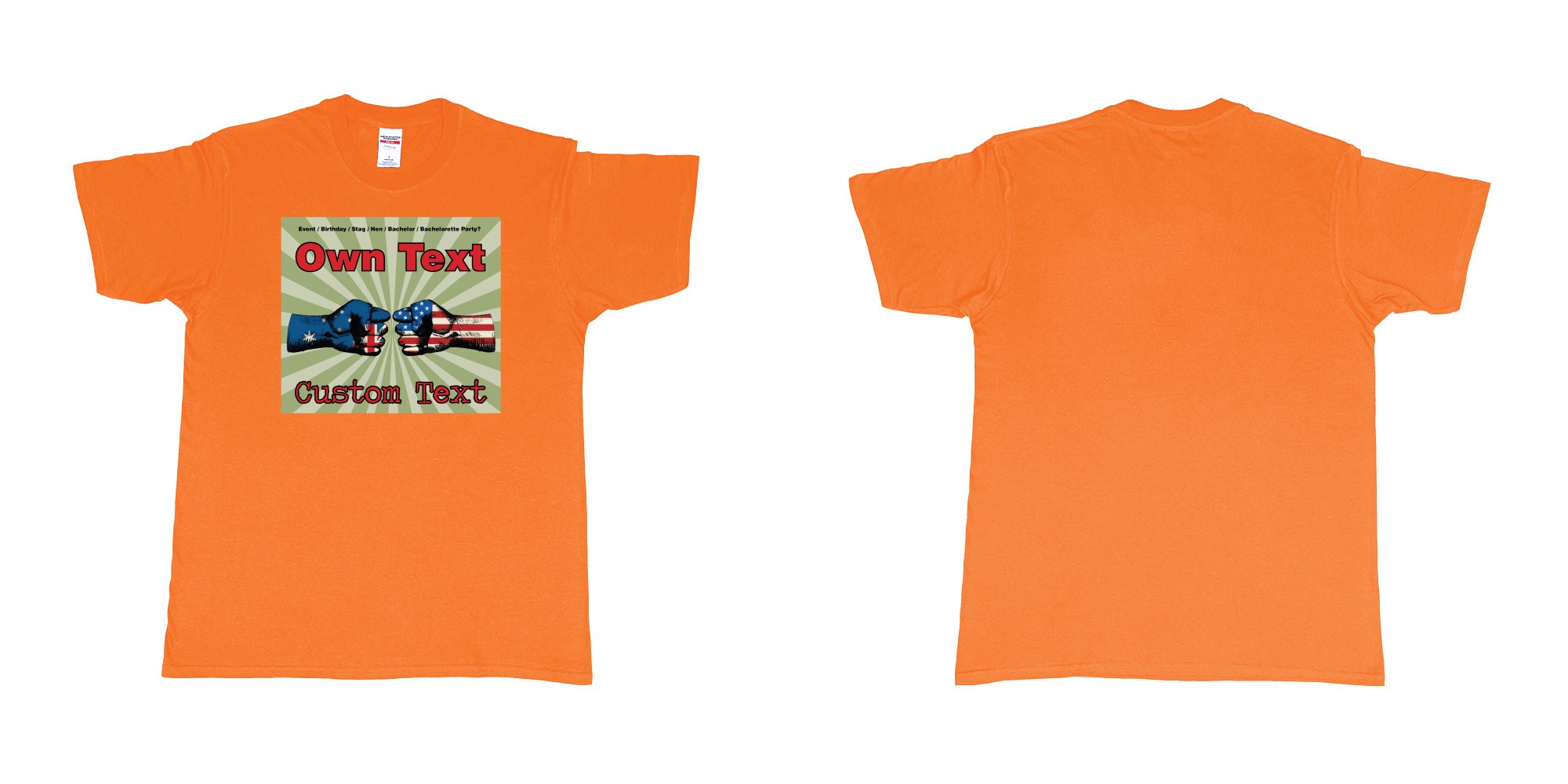 Custom tshirt design pearl jam powerfinger american vs australian fists custom poster in fabric color orange choice your own text made in Bali by The Pirate Way