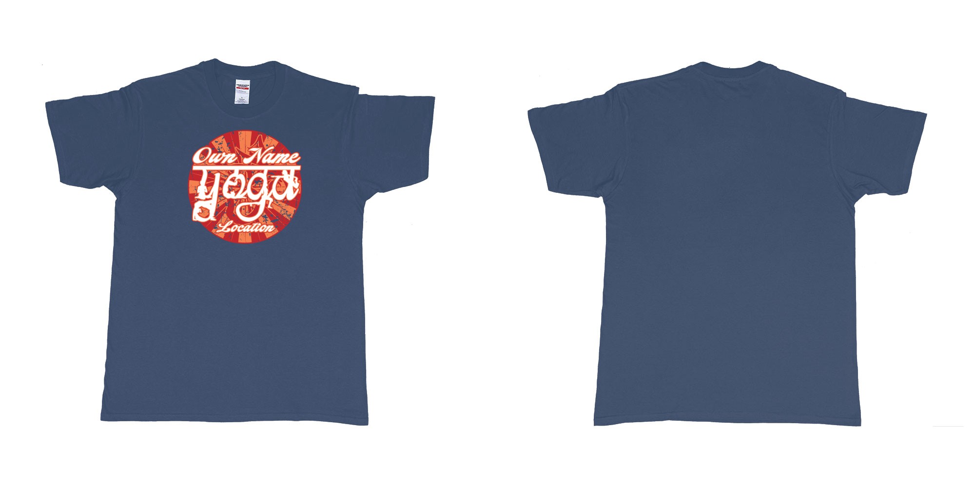 Custom tshirt design personalized yoga om sun retro own studio name location printing bali in fabric color navy choice your own text made in Bali by The Pirate Way