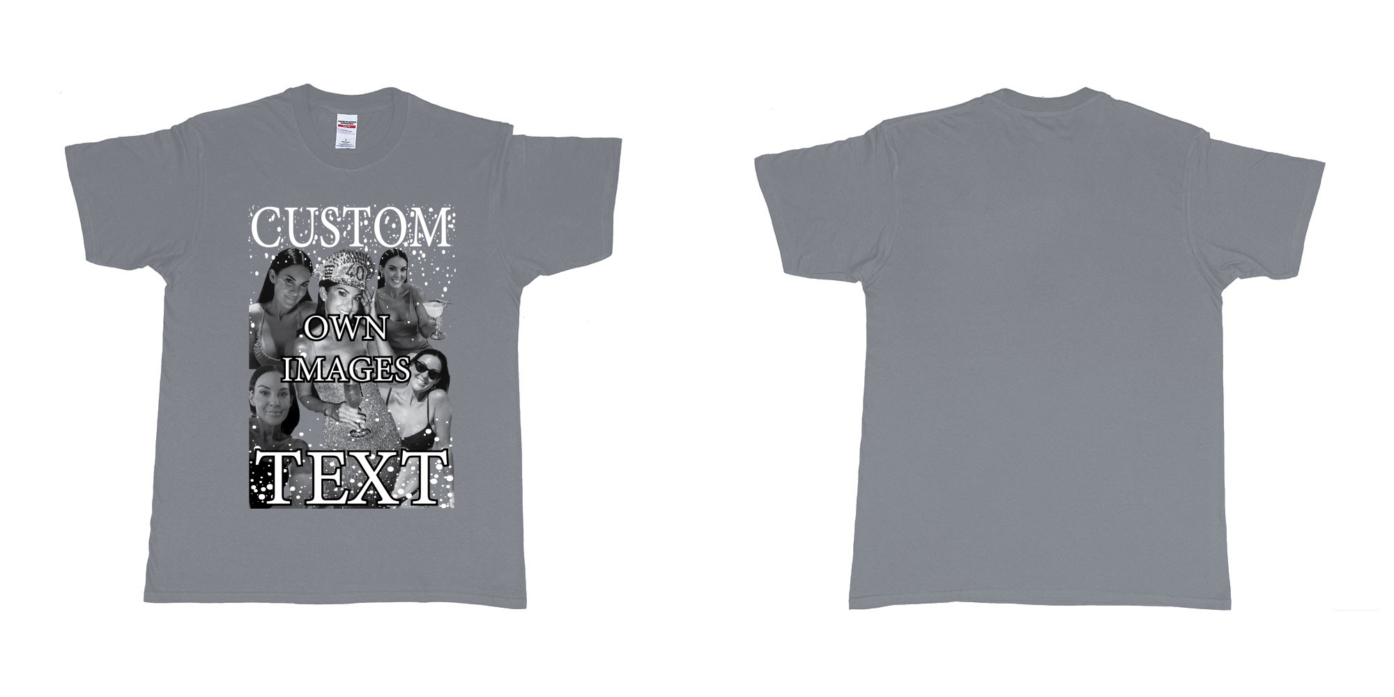 Custom tshirt design photo collage bootleg personalised photos text design black white in fabric color misty choice your own text made in Bali by The Pirate Way