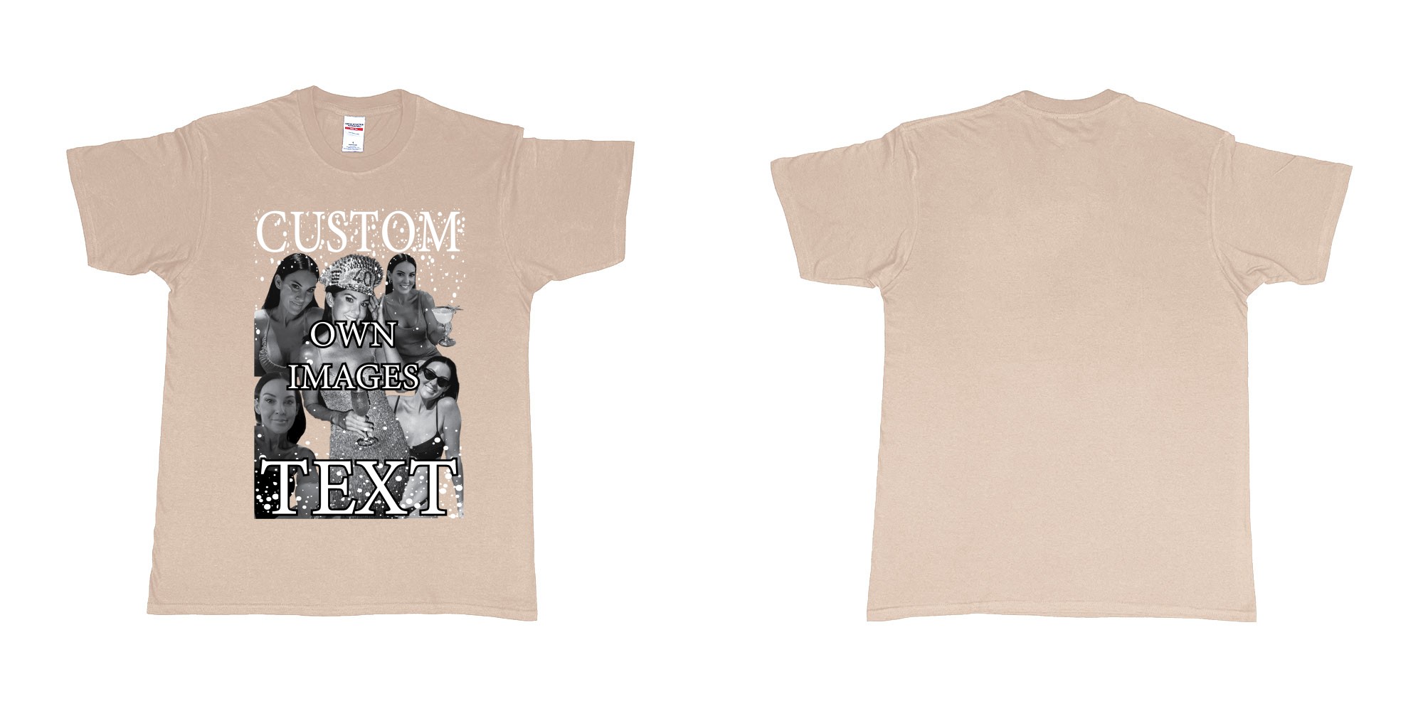 Custom tshirt design photo collage bootleg personalised photos text design black white in fabric color sand choice your own text made in Bali by The Pirate Way