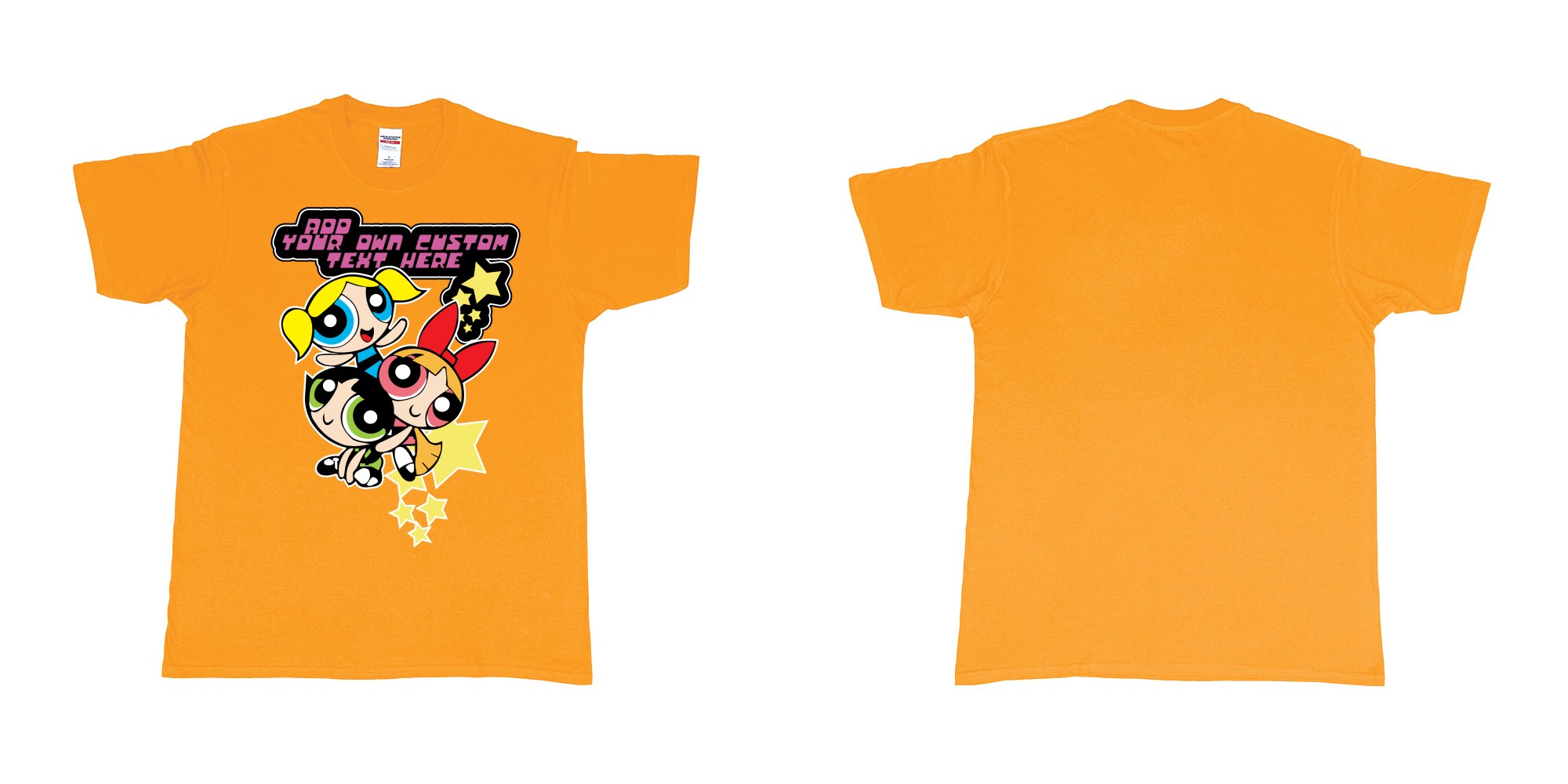 Custom tshirt design powerpuff girls add custom own text printing in fabric color gold choice your own text made in Bali by The Pirate Way
