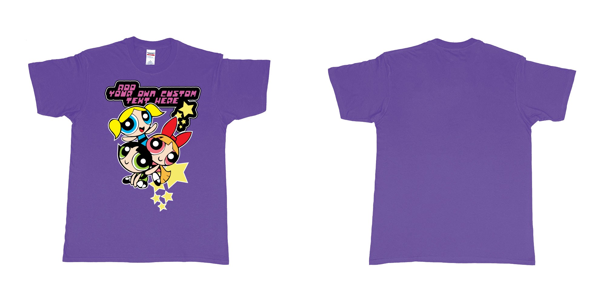 Custom tshirt design powerpuff girls add custom own text printing in fabric color purple choice your own text made in Bali by The Pirate Way