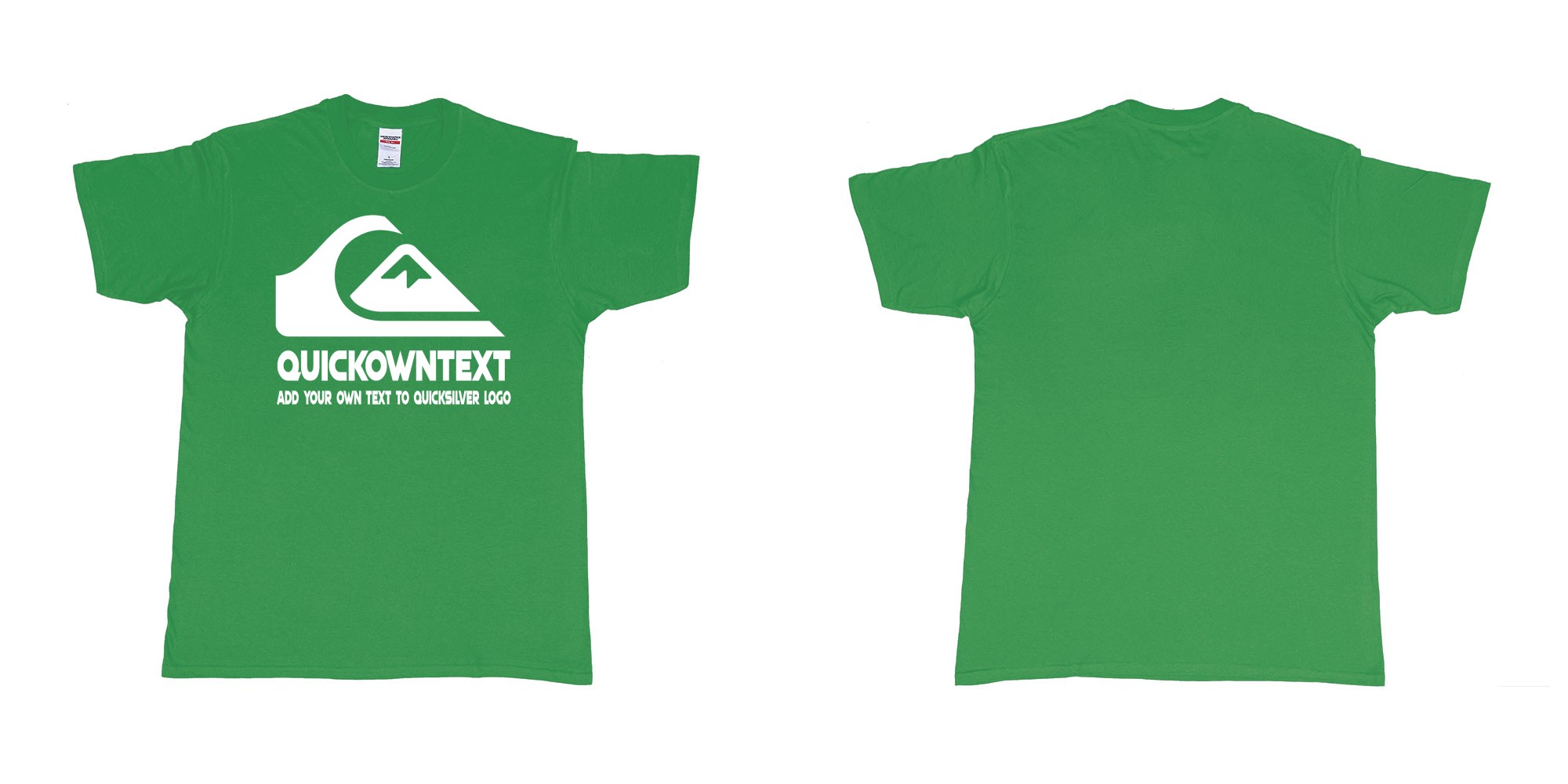 Custom tshirt design quiksilver bali surf logo wave add own text printing in fabric color irish-green choice your own text made in Bali by The Pirate Way