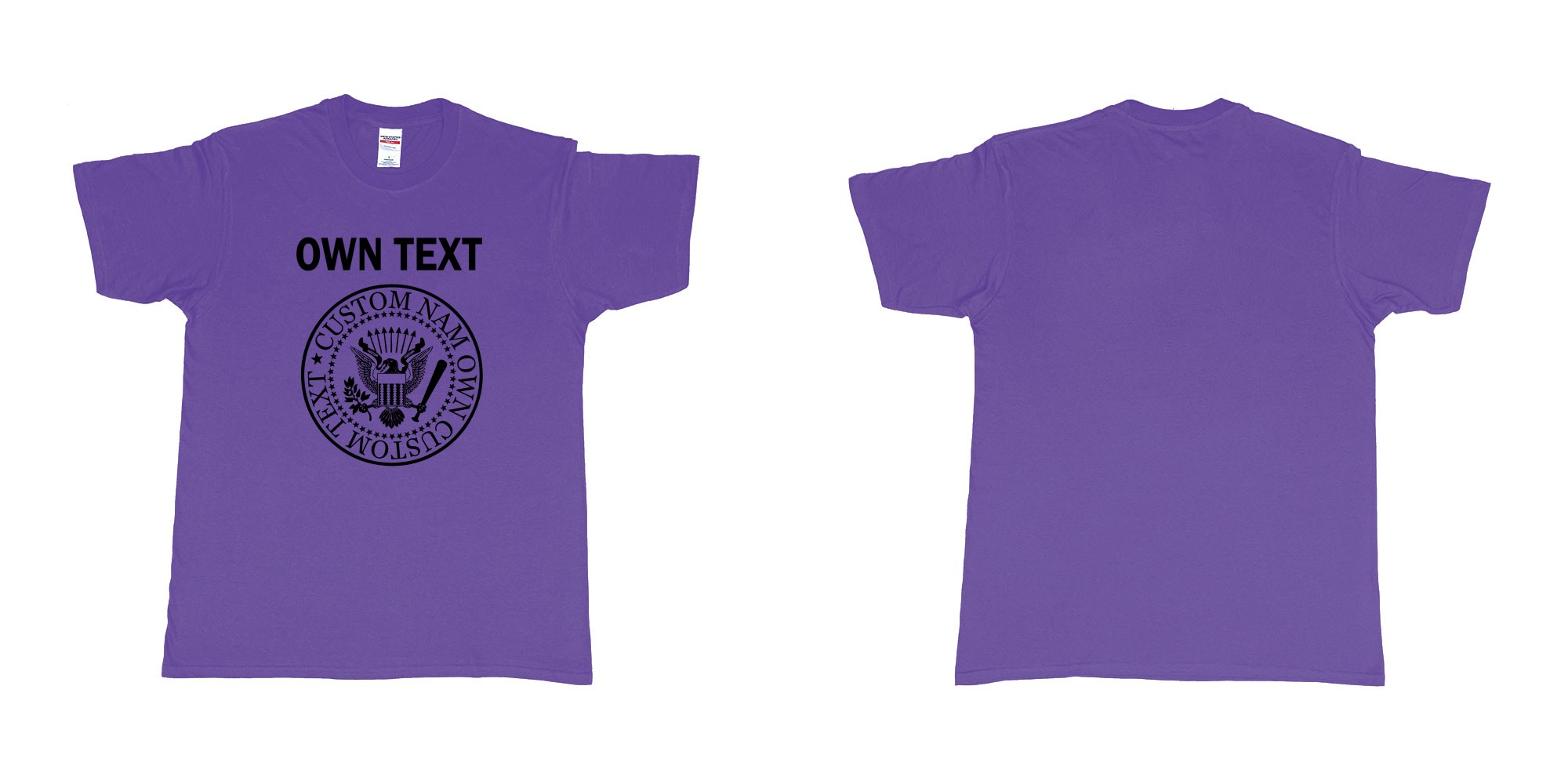 Custom tshirt design ramones eagle logo custom own text names in fabric color purple choice your own text made in Bali by The Pirate Way
