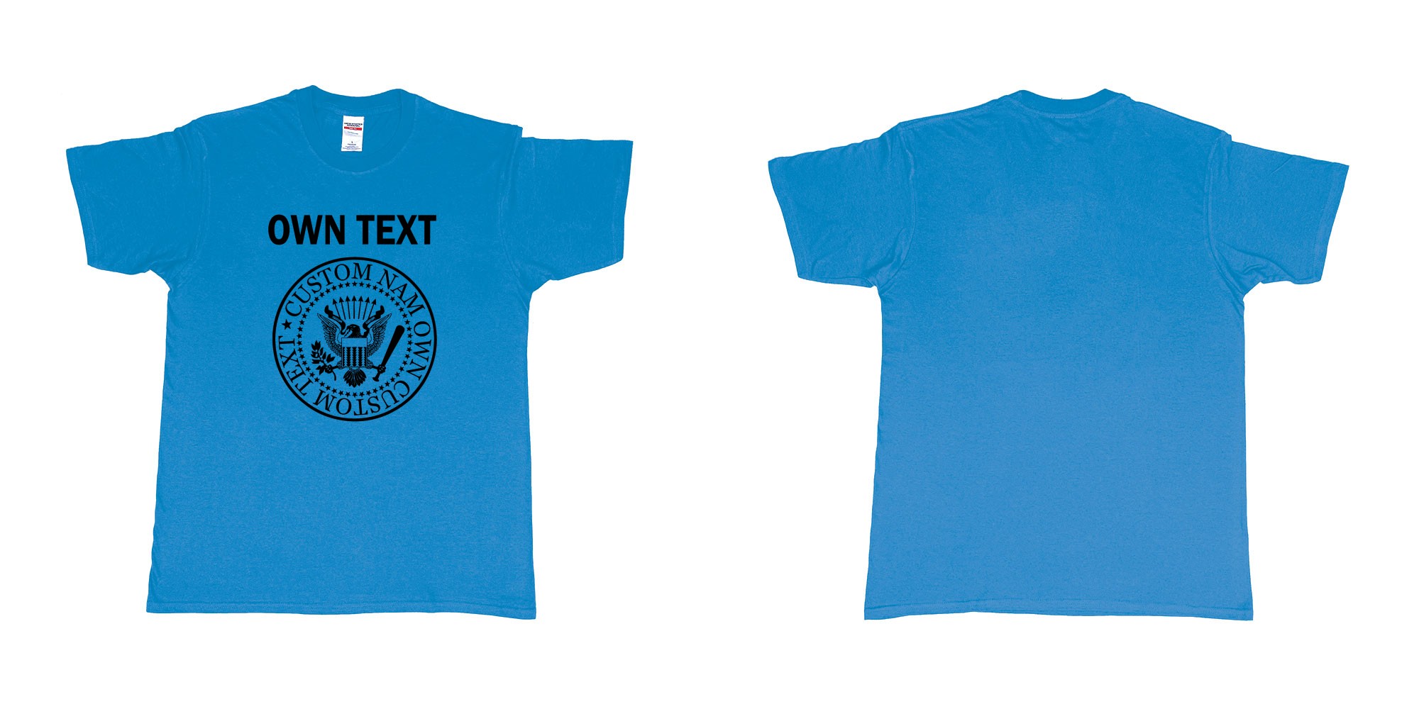 Custom tshirt design ramones eagle logo custom own text names in fabric color sapphire choice your own text made in Bali by The Pirate Way