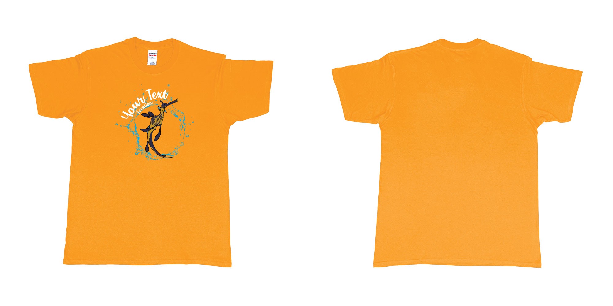 Custom tshirt design seadragon dancing bubbles diving indonesia in fabric color gold choice your own text made in Bali by The Pirate Way