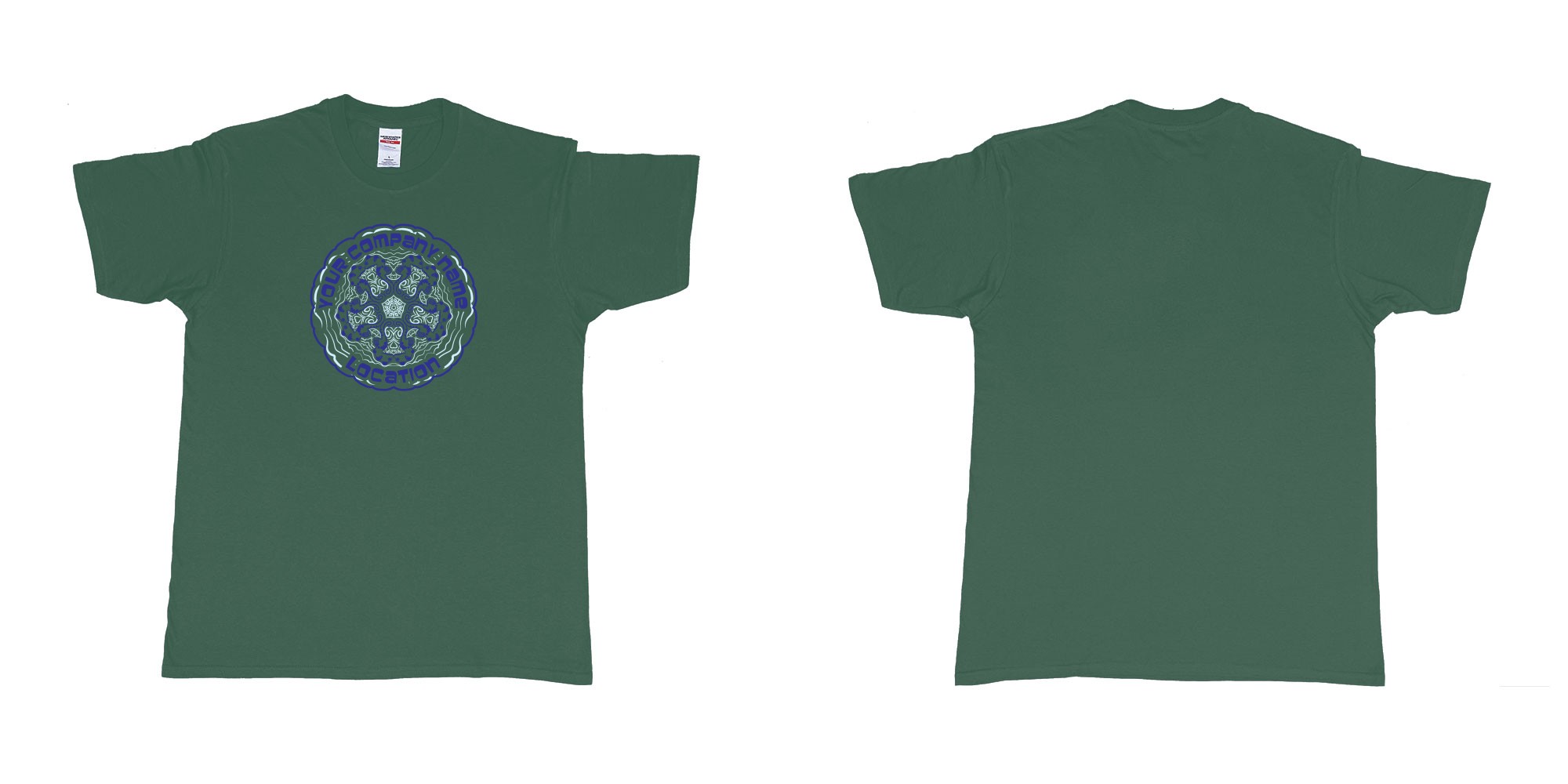 Custom tshirt design seahorses kissing mandala your own diveshop name and location personalized screen printing bali in fabric color forest-green choice your own text made in Bali by The Pirate Way