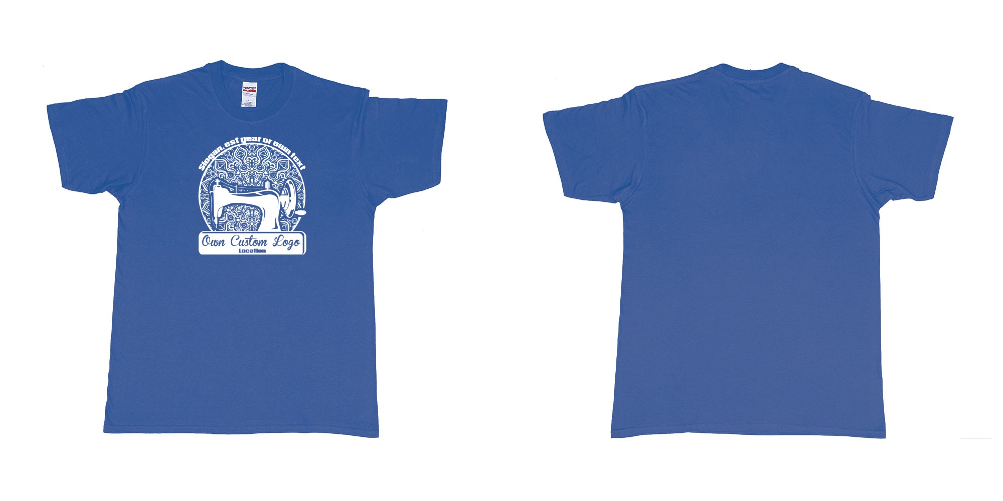 Custom tshirt design sewing machine in fabric color royal-blue choice your own text made in Bali by The Pirate Way