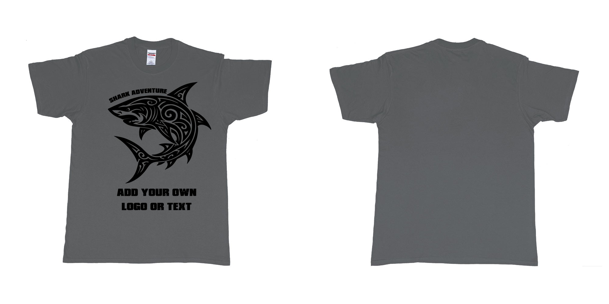 Custom tshirt design shark tribal add own logo or text bali tshirt design in fabric color charcoal choice your own text made in Bali by The Pirate Way
