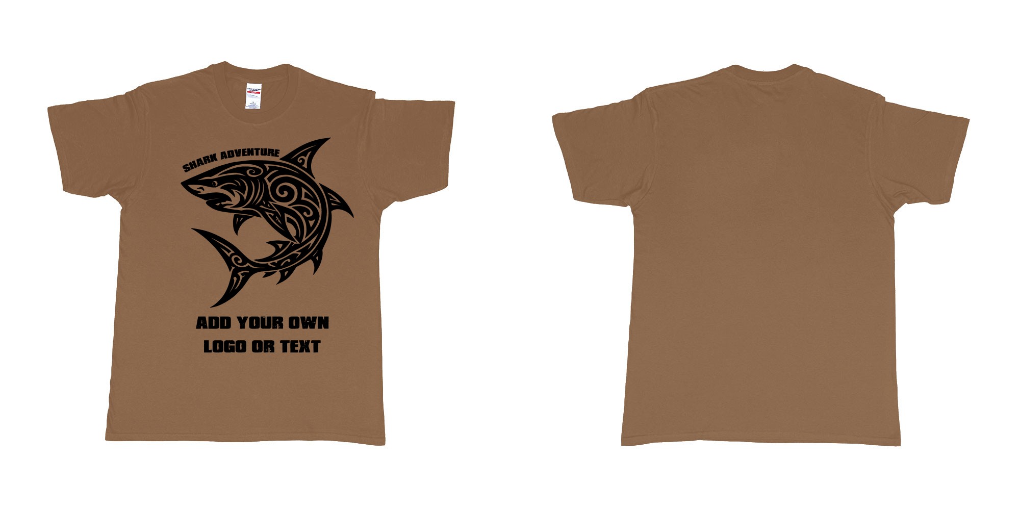 Custom tshirt design shark tribal add own logo or text bali tshirt design in fabric color chestnut choice your own text made in Bali by The Pirate Way
