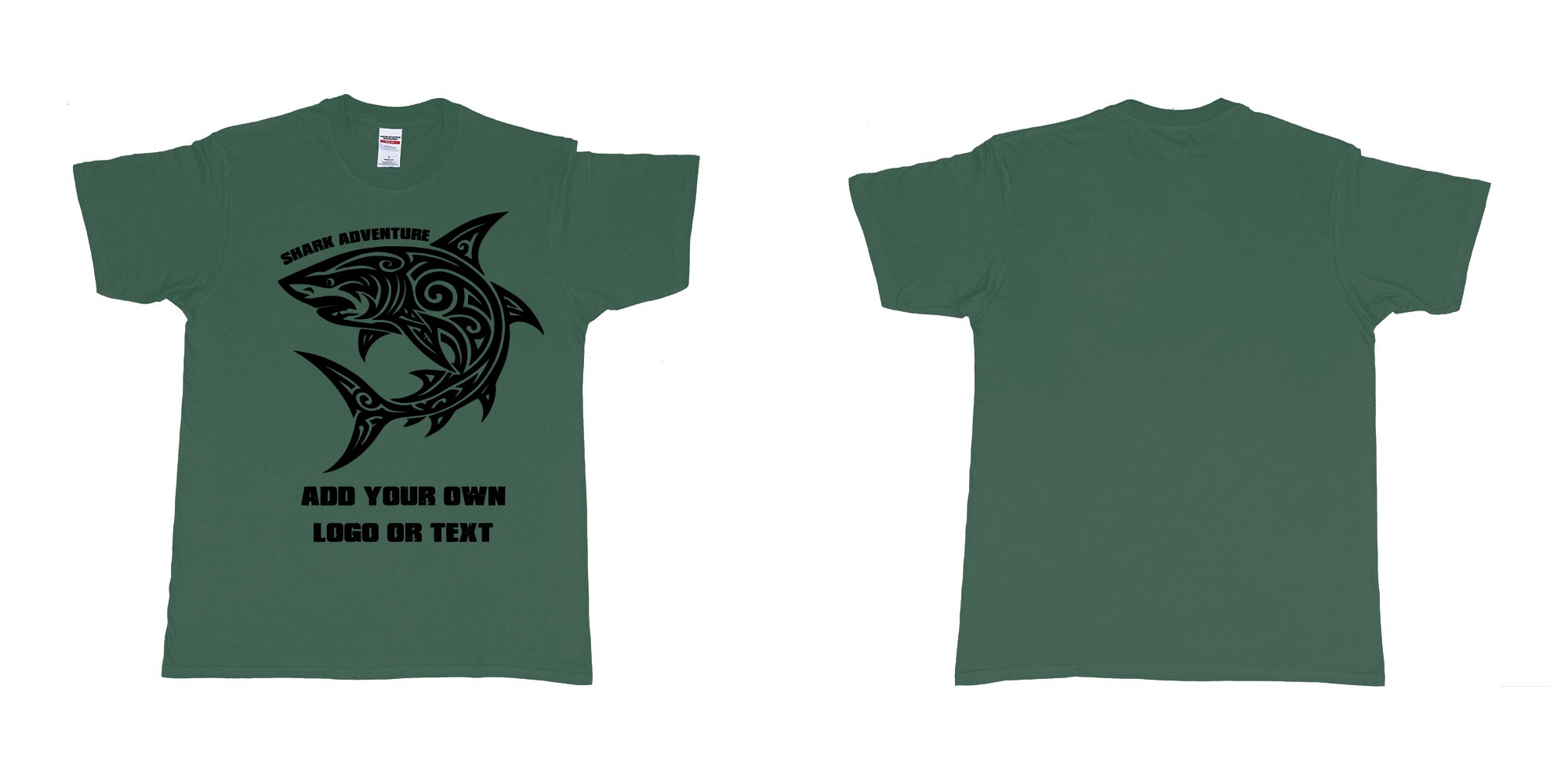 Custom tshirt design shark tribal add own logo or text bali tshirt design in fabric color forest-green choice your own text made in Bali by The Pirate Way