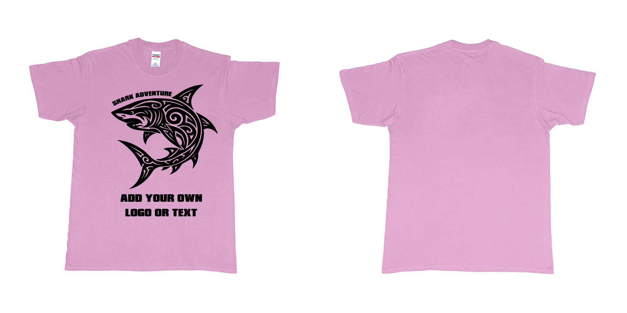 Custom tshirt design shark tribal add own logo or text bali tshirt design in fabric color light-pink choice your own text made in Bali by The Pirate Way