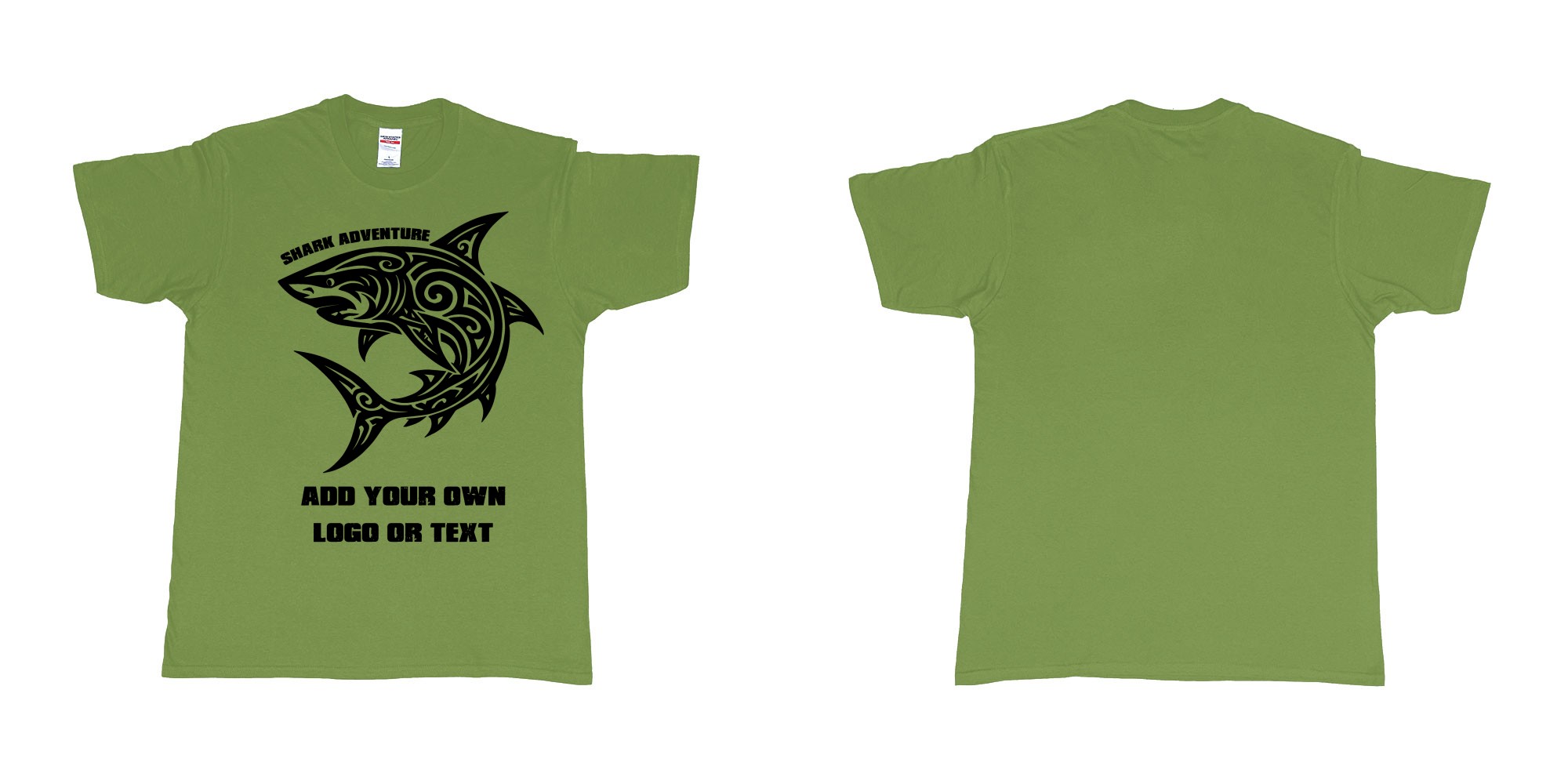 Custom tshirt design shark tribal add own logo or text bali tshirt design in fabric color military-green choice your own text made in Bali by The Pirate Way