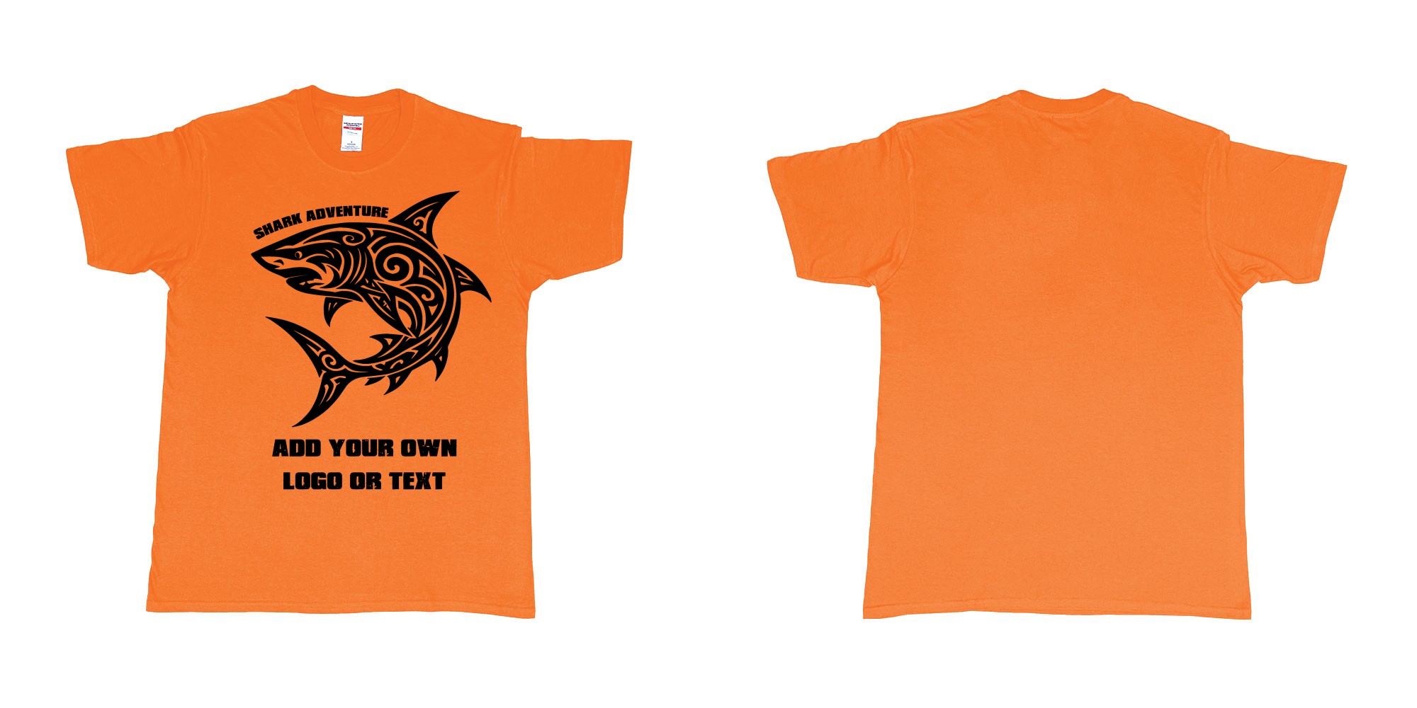 Custom tshirt design shark tribal add own logo or text bali tshirt design in fabric color orange choice your own text made in Bali by The Pirate Way