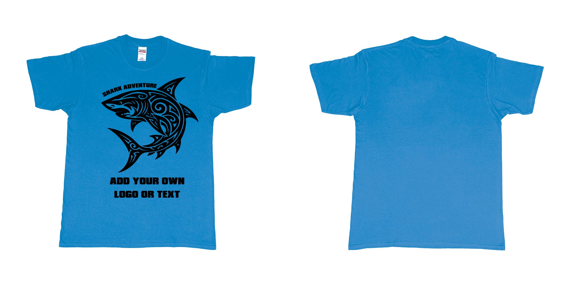 Custom tshirt design shark tribal add own logo or text bali tshirt design in fabric color sapphire choice your own text made in Bali by The Pirate Way