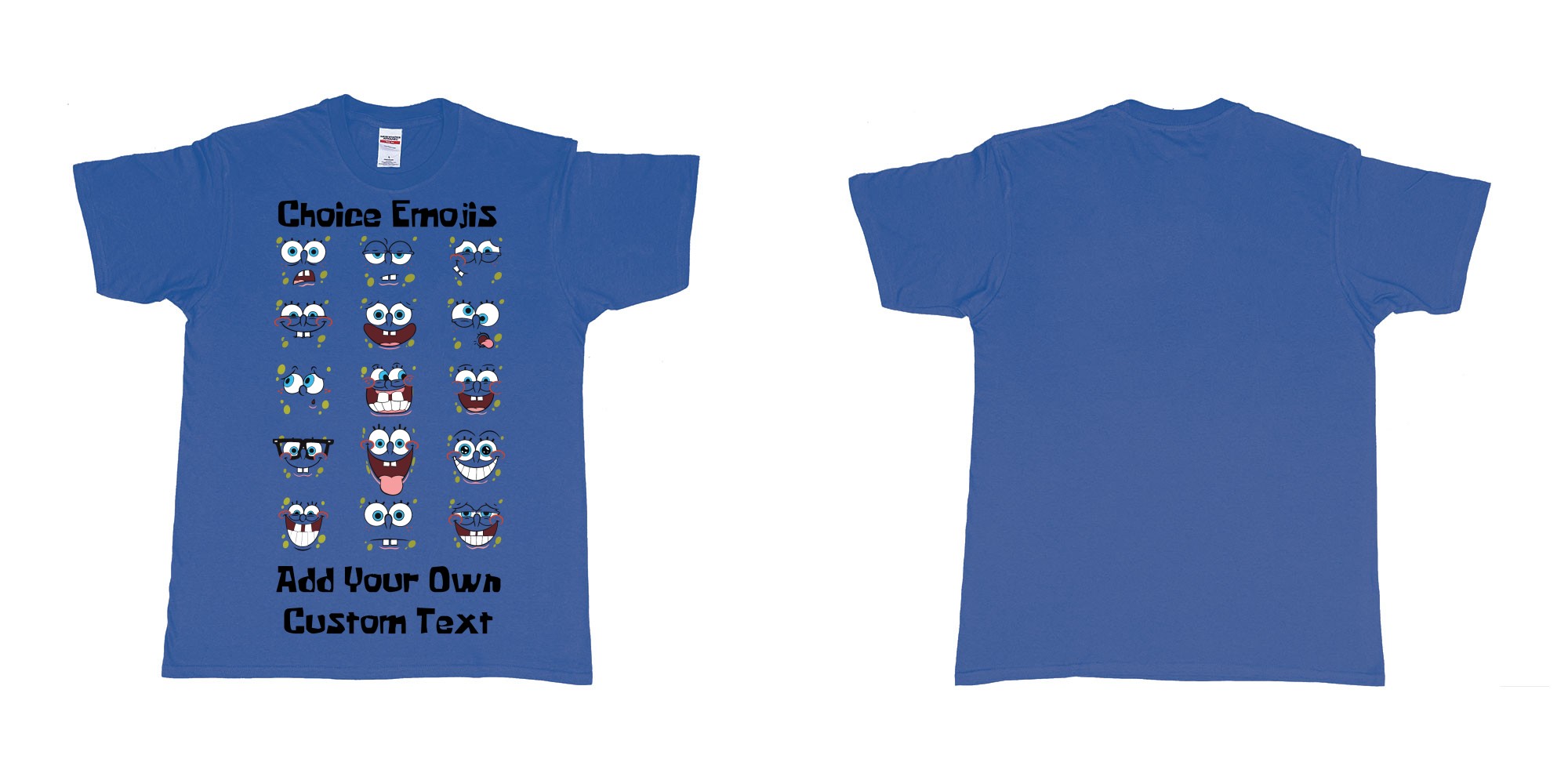 Custom tshirt design spongebob squarepants many faces emojis custum printing in fabric color royal-blue choice your own text made in Bali by The Pirate Way