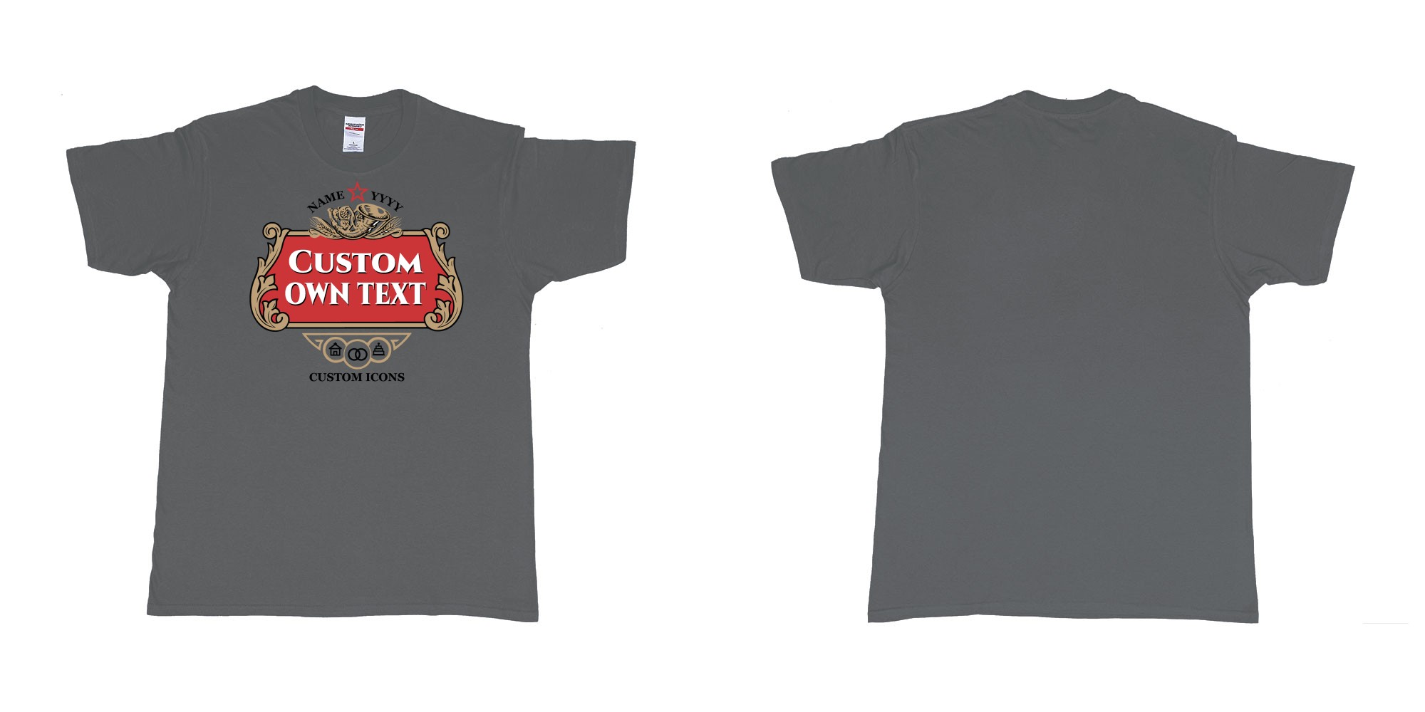 Custom tshirt design stella artois logo custom icons text design in fabric color charcoal choice your own text made in Bali by The Pirate Way