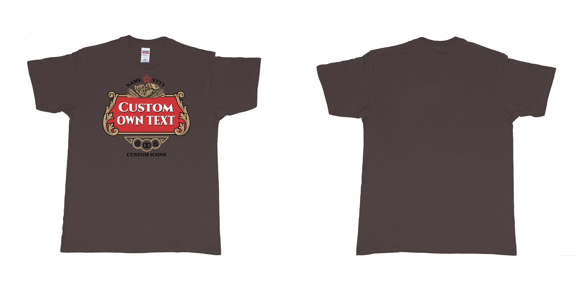 Custom tshirt design stella artois logo custom icons text design in fabric color dark-chocolate choice your own text made in Bali by The Pirate Way