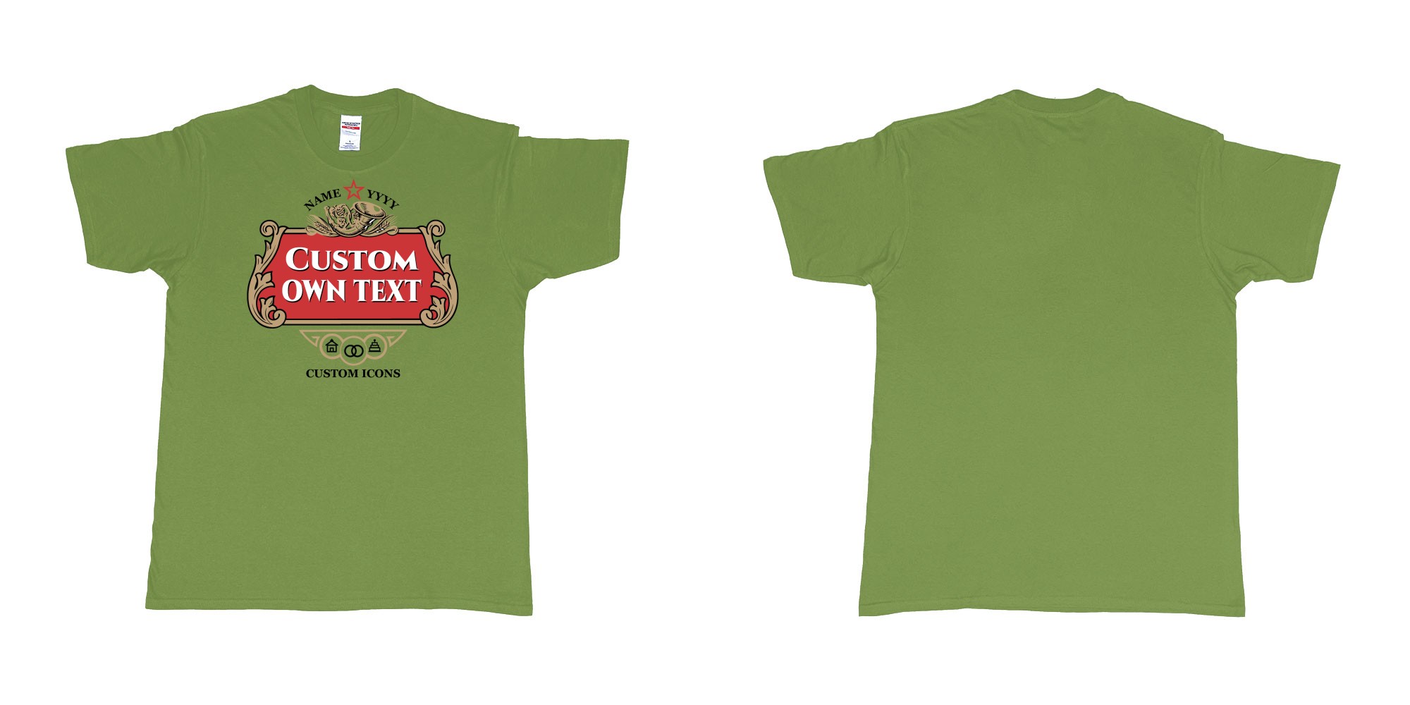 Custom tshirt design stella artois logo custom icons text design in fabric color military-green choice your own text made in Bali by The Pirate Way