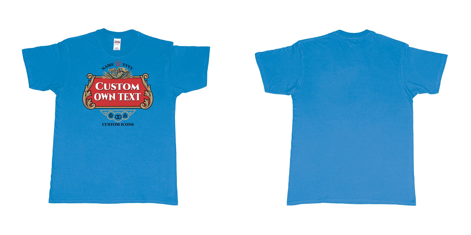 Custom tshirt design stella artois logo custom icons text design in fabric color sapphire choice your own text made in Bali by The Pirate Way