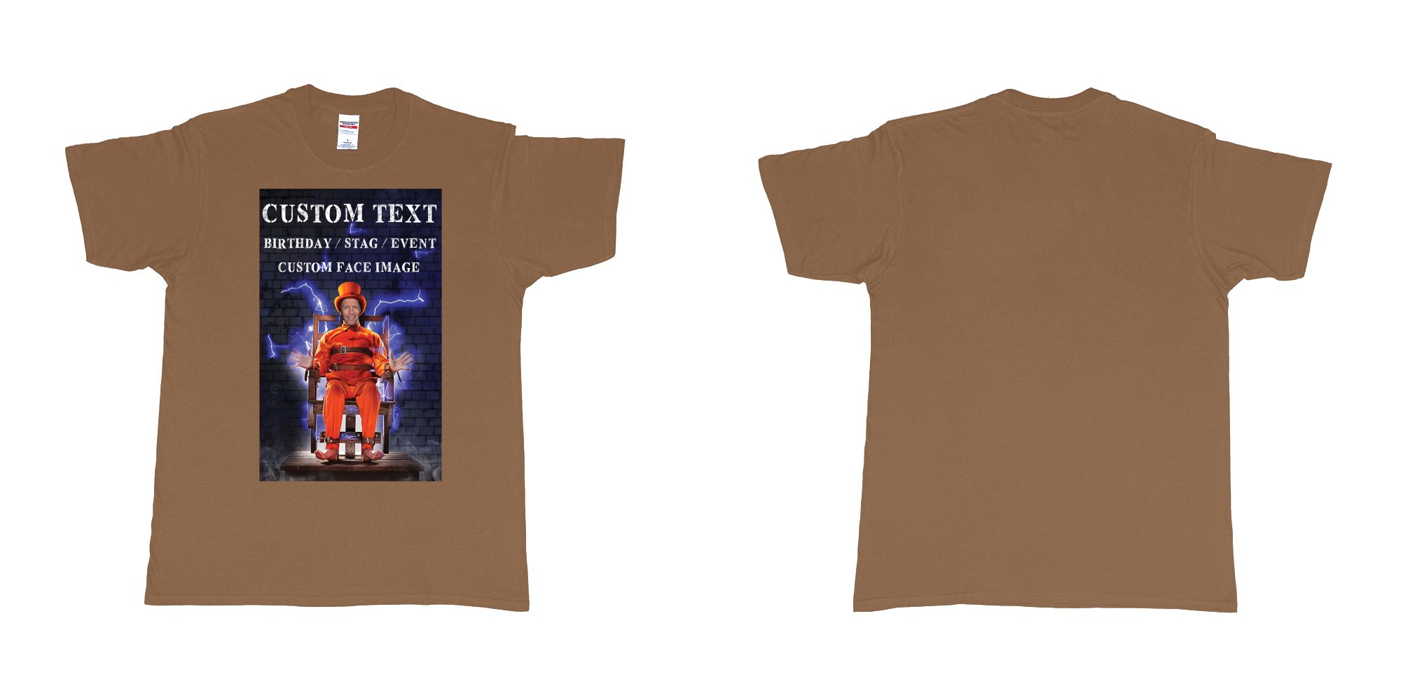 Custom tshirt design stevo guilty as charged custom face image electric chair in fabric color chestnut choice your own text made in Bali by The Pirate Way