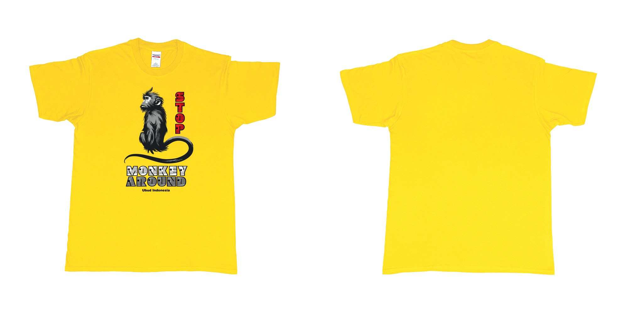 Custom tshirt design stop monkey around long tailed macaque ubud bali monkey forest in fabric color daisy choice your own text made in Bali by The Pirate Way