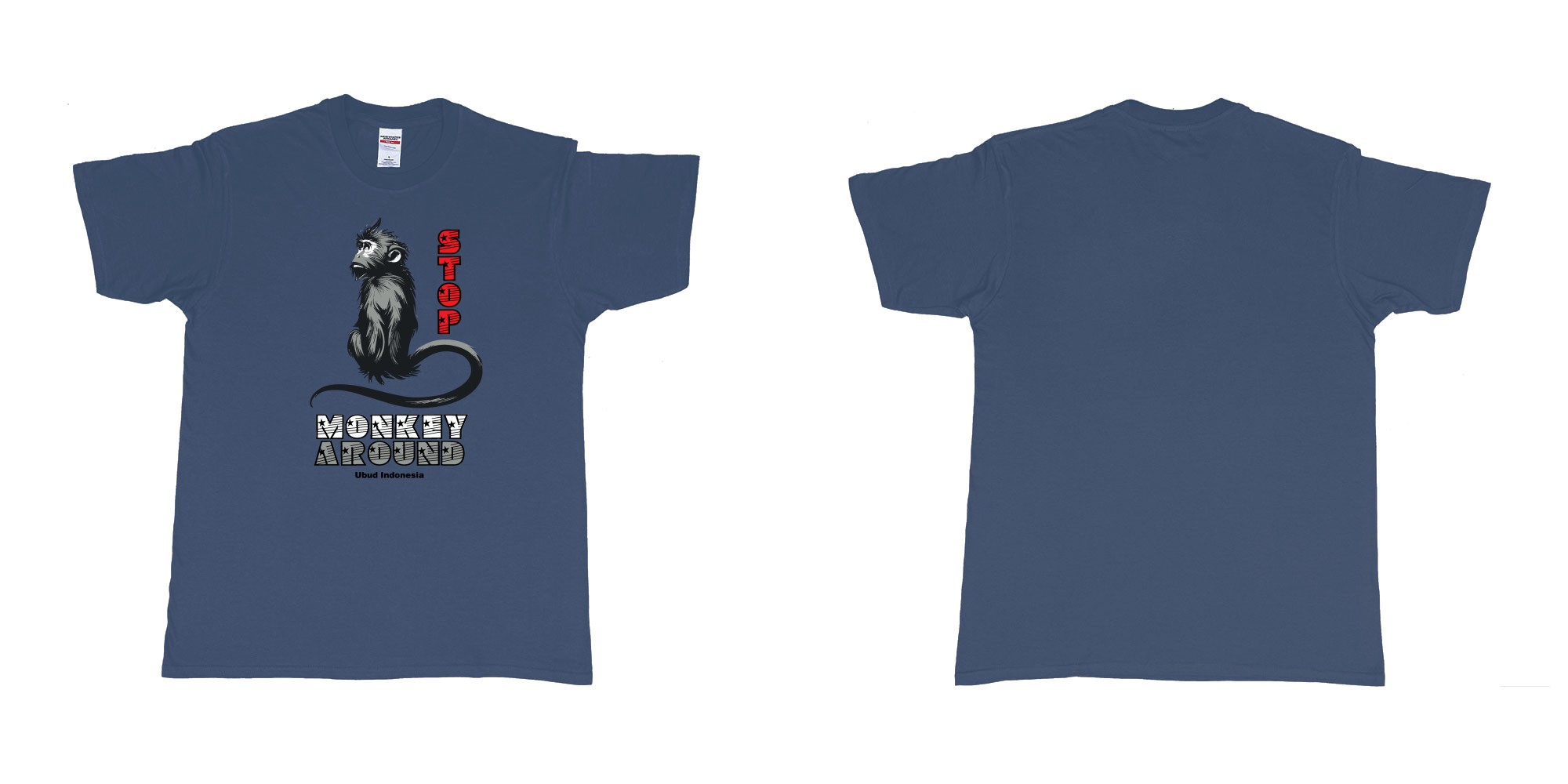 Custom tshirt design stop monkey around long tailed macaque ubud bali monkey forest in fabric color navy choice your own text made in Bali by The Pirate Way
