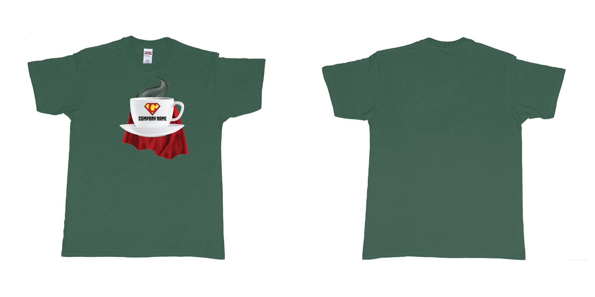 Custom tshirt design superman coffee cup with a cape in fabric color forest-green choice your own text made in Bali by The Pirate Way