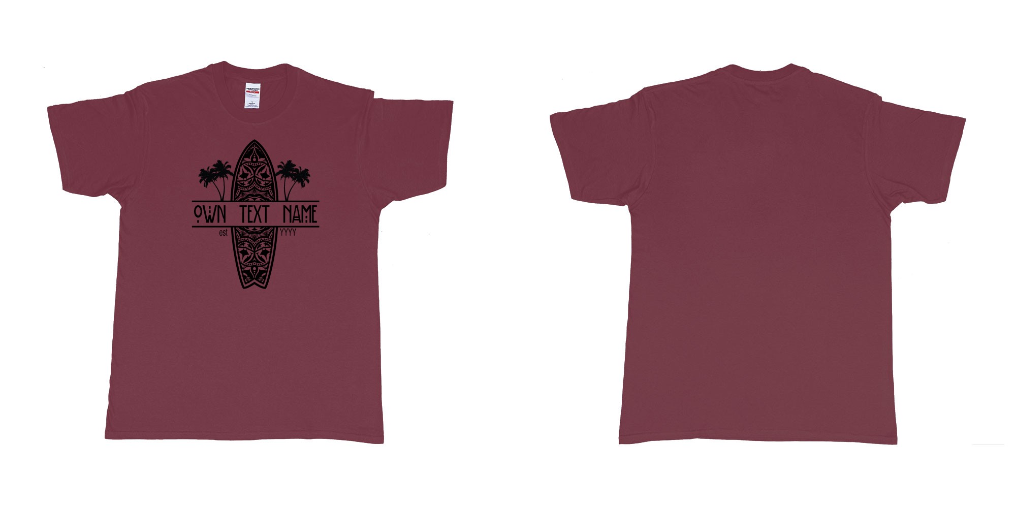 Custom tshirt design surfboard beach kuta own custom text logo bali palmtrees in fabric color marron choice your own text made in Bali by The Pirate Way