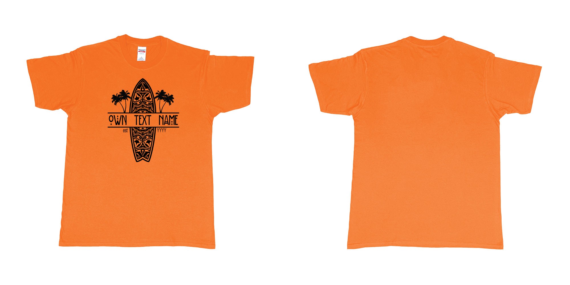 Custom tshirt design surfboard beach kuta own custom text logo bali palmtrees in fabric color orange choice your own text made in Bali by The Pirate Way