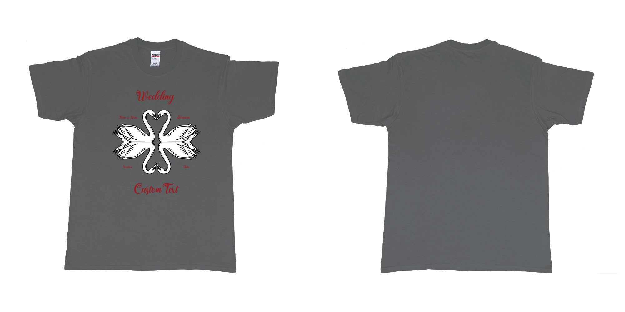 Custom tshirt design swans hearts reflection in fabric color charcoal choice your own text made in Bali by The Pirate Way