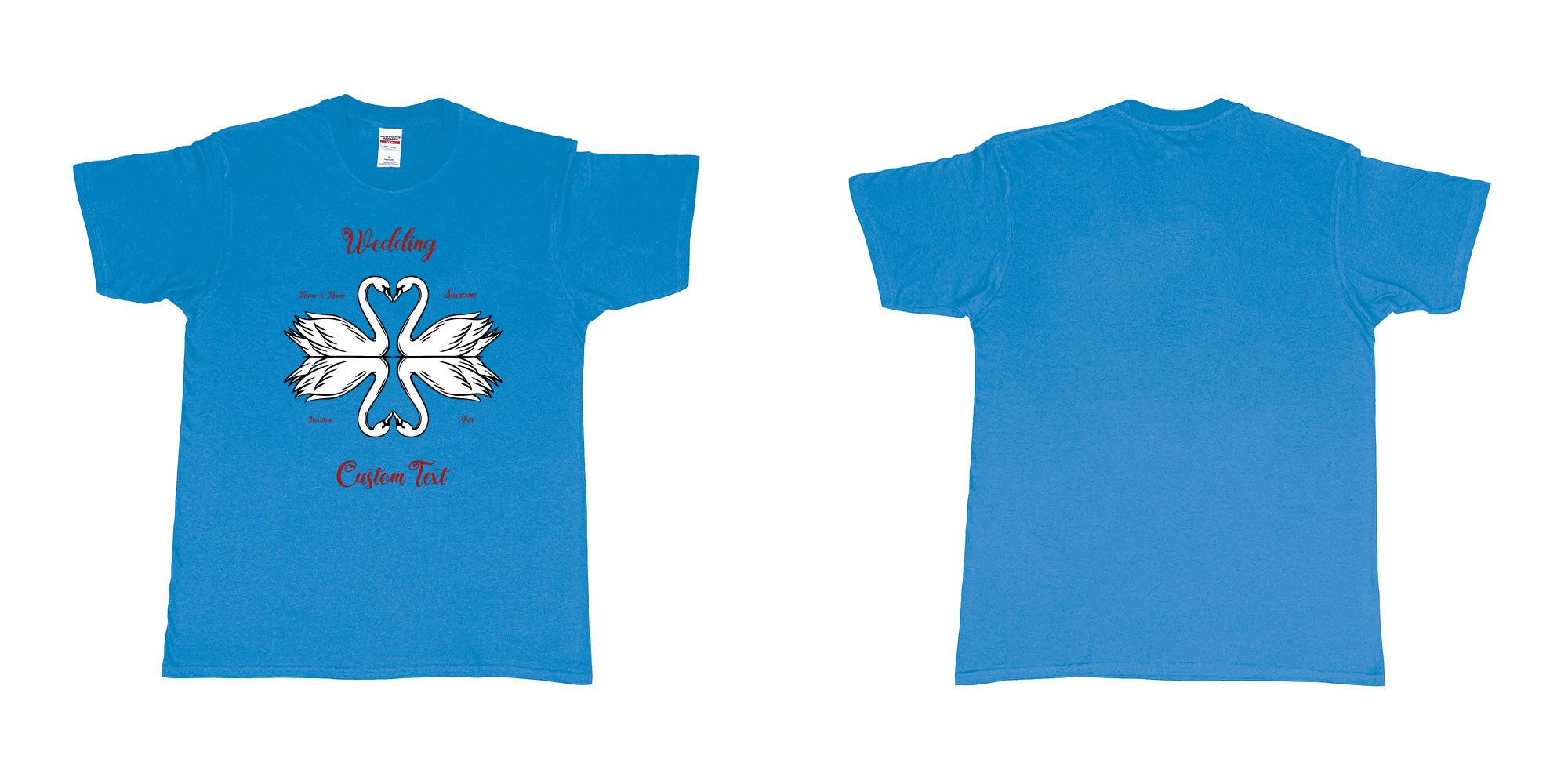 Custom tshirt design swans hearts reflection in fabric color sapphire choice your own text made in Bali by The Pirate Way