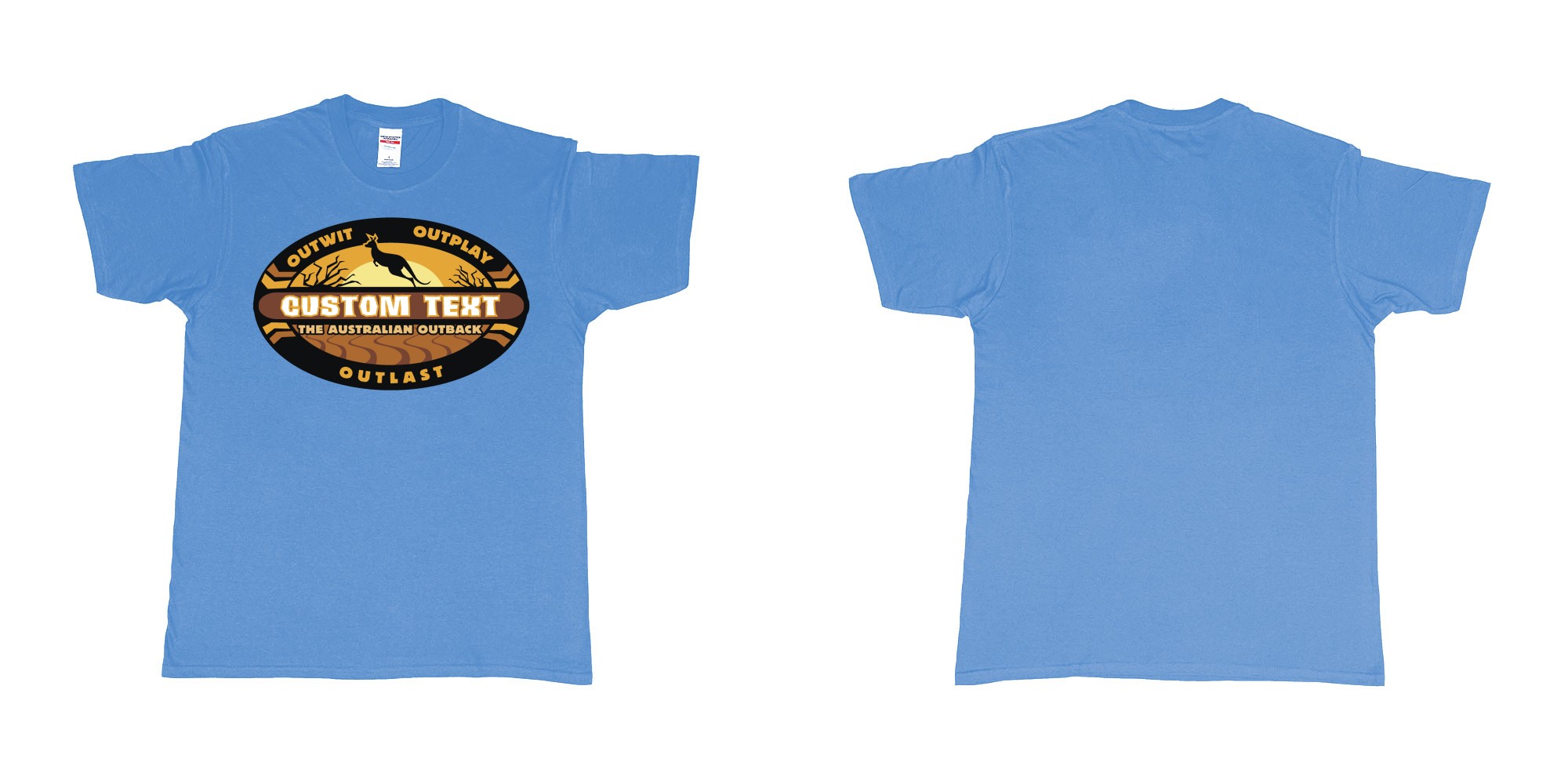 Custom tshirt design the australian outback survivor outwit outplay logo all own custom text print bali in fabric color carolina-blue choice your own text made in Bali by The Pirate Way