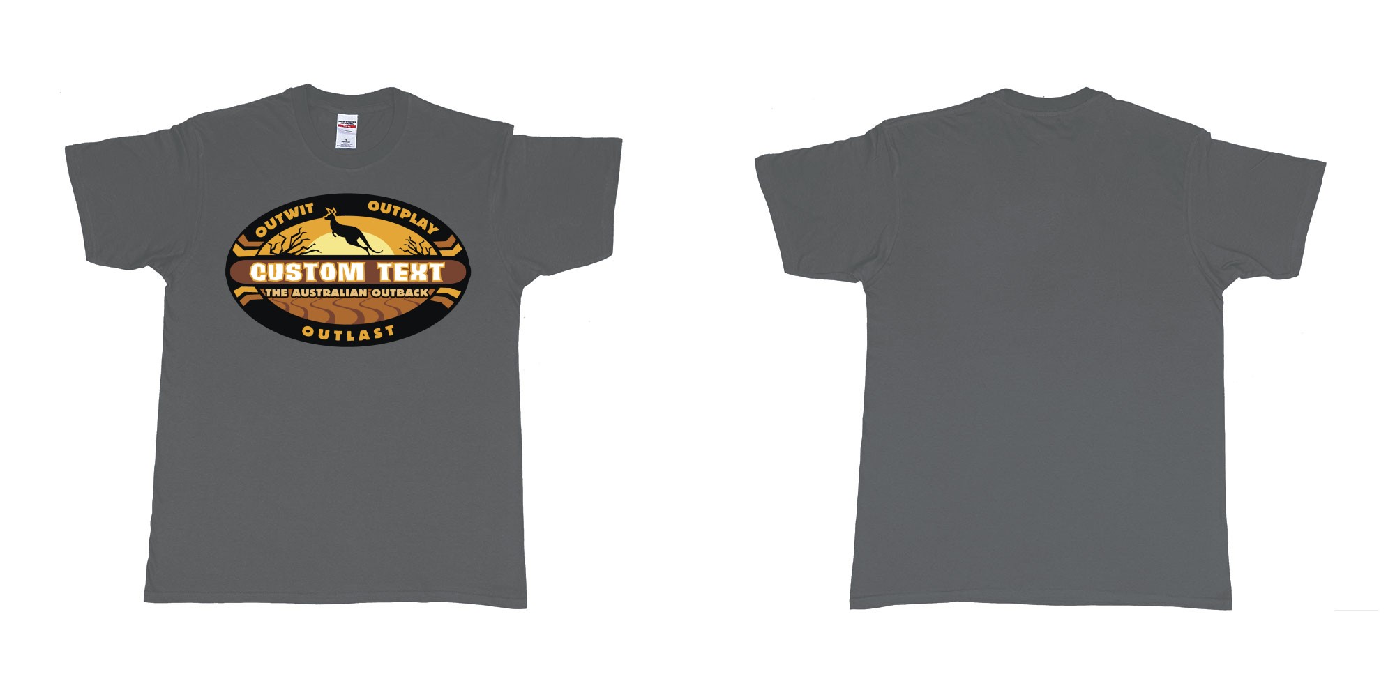 Custom tshirt design the australian outback survivor outwit outplay logo all own custom text print bali in fabric color charcoal choice your own text made in Bali by The Pirate Way