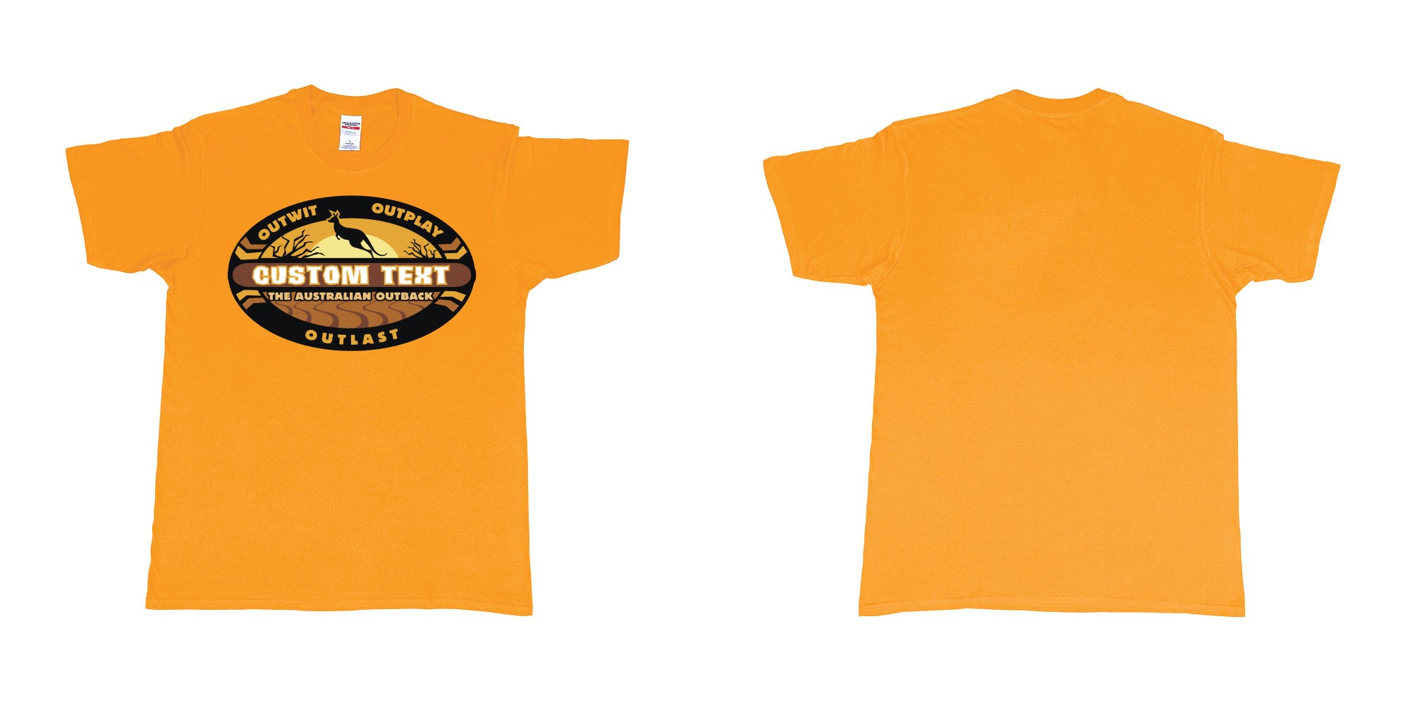 Custom tshirt design the australian outback survivor outwit outplay logo all own custom text print bali in fabric color gold choice your own text made in Bali by The Pirate Way