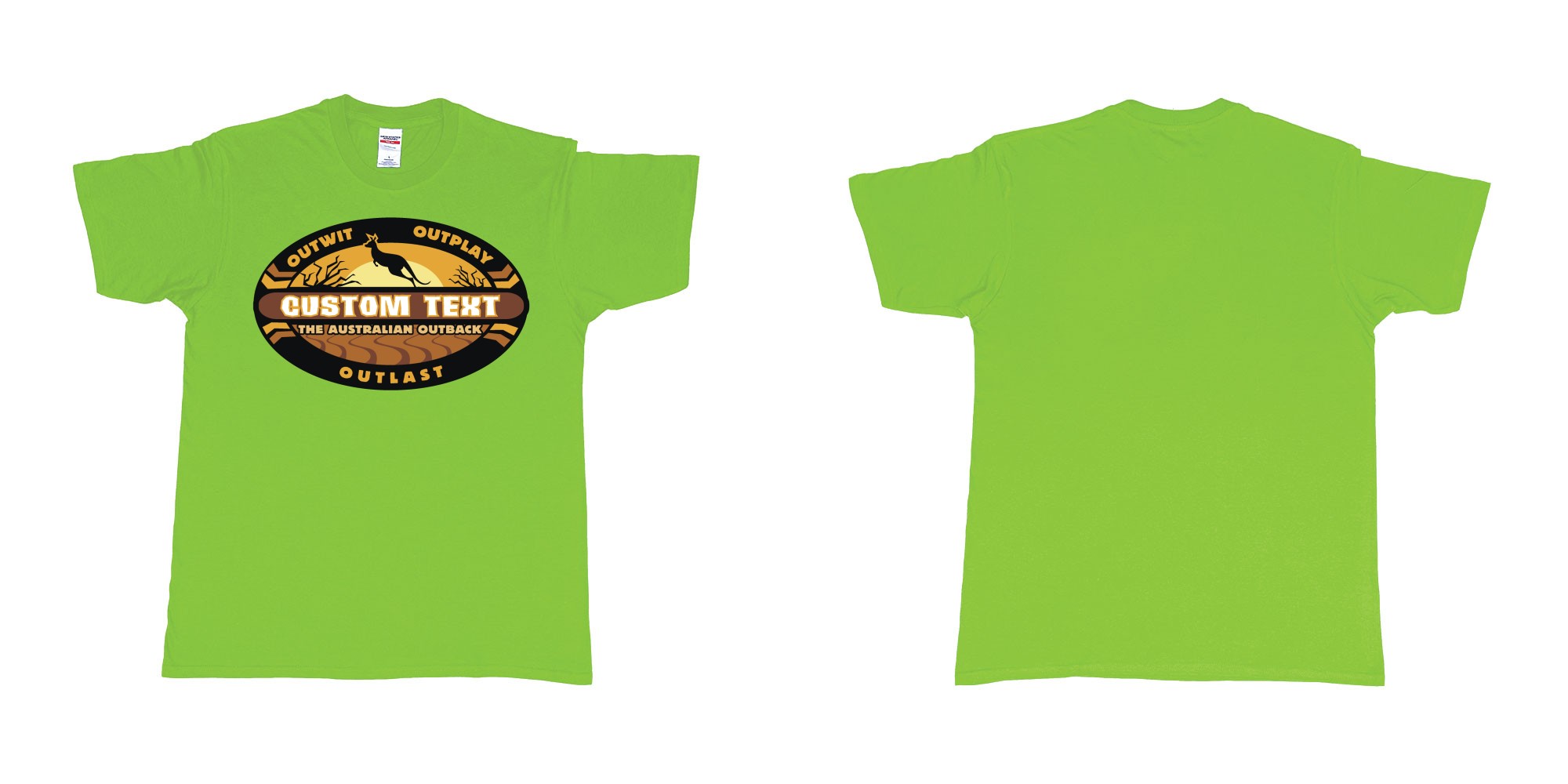 Custom tshirt design the australian outback survivor outwit outplay logo all own custom text print bali in fabric color lime choice your own text made in Bali by The Pirate Way