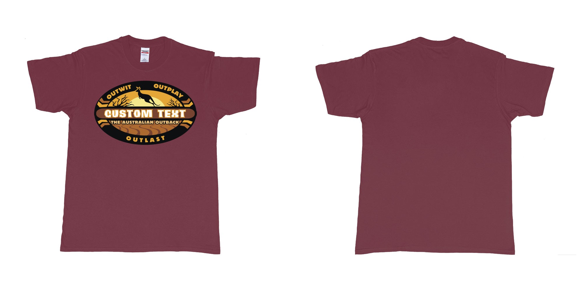 Custom tshirt design the australian outback survivor outwit outplay logo all own custom text print bali in fabric color marron choice your own text made in Bali by The Pirate Way