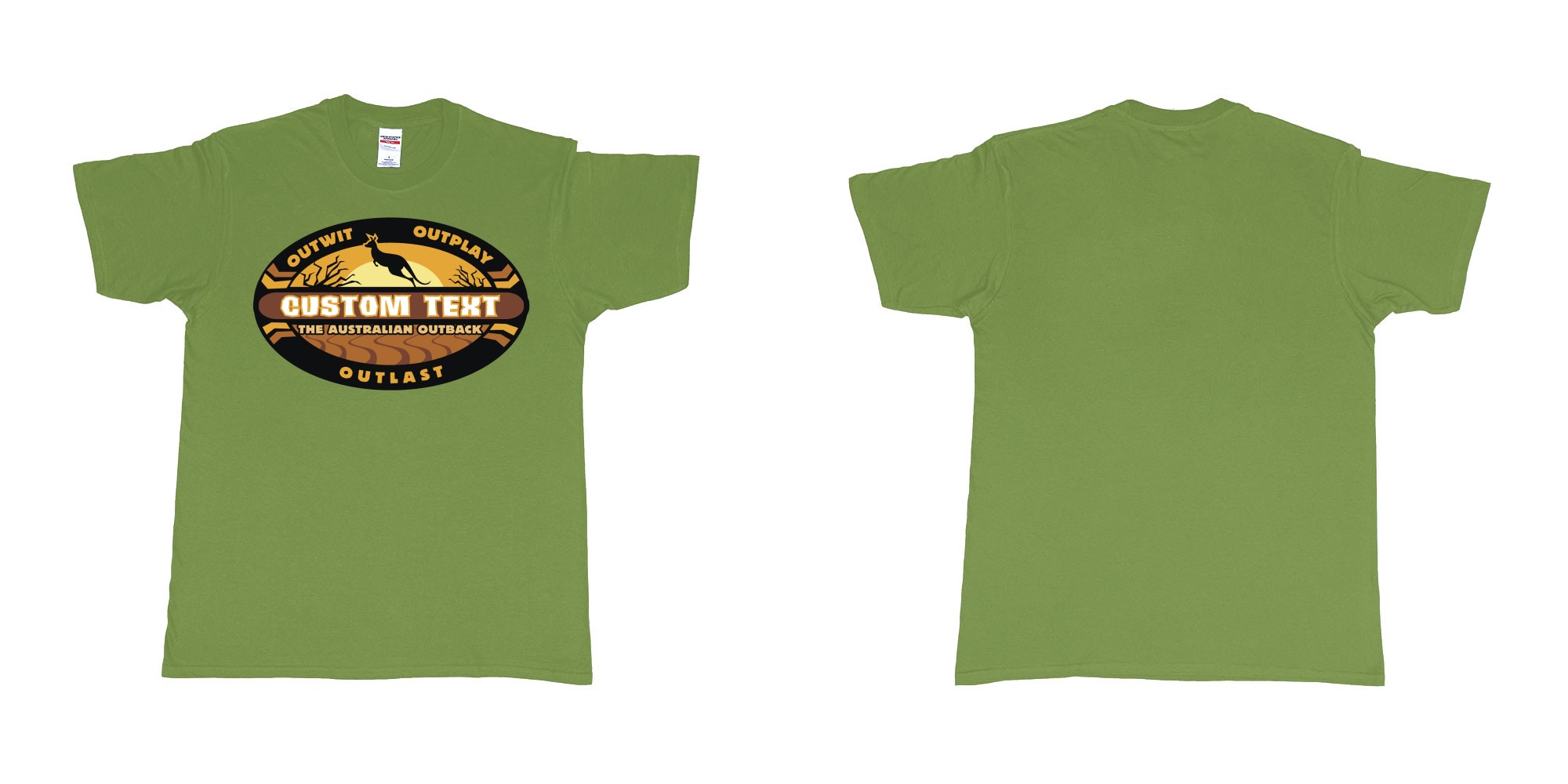 Custom tshirt design the australian outback survivor outwit outplay logo all own custom text print bali in fabric color military-green choice your own text made in Bali by The Pirate Way