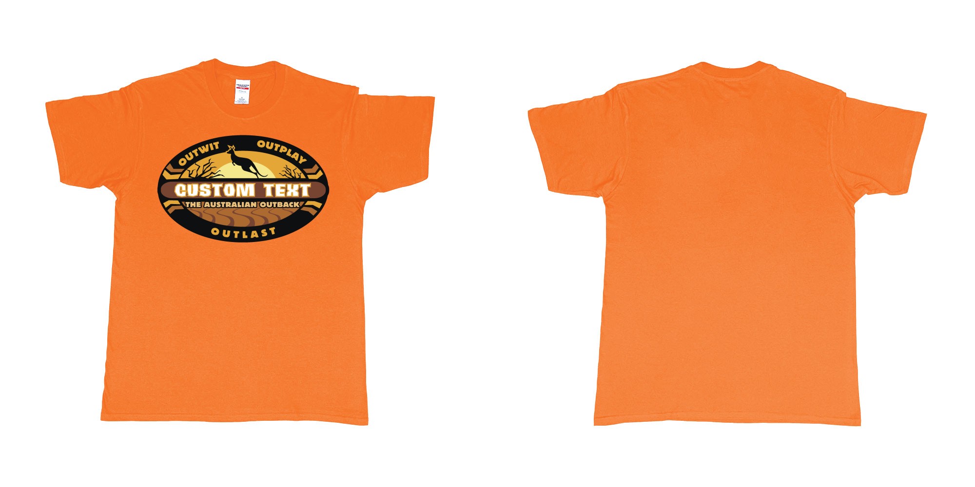 Custom tshirt design the australian outback survivor outwit outplay logo all own custom text print bali in fabric color orange choice your own text made in Bali by The Pirate Way
