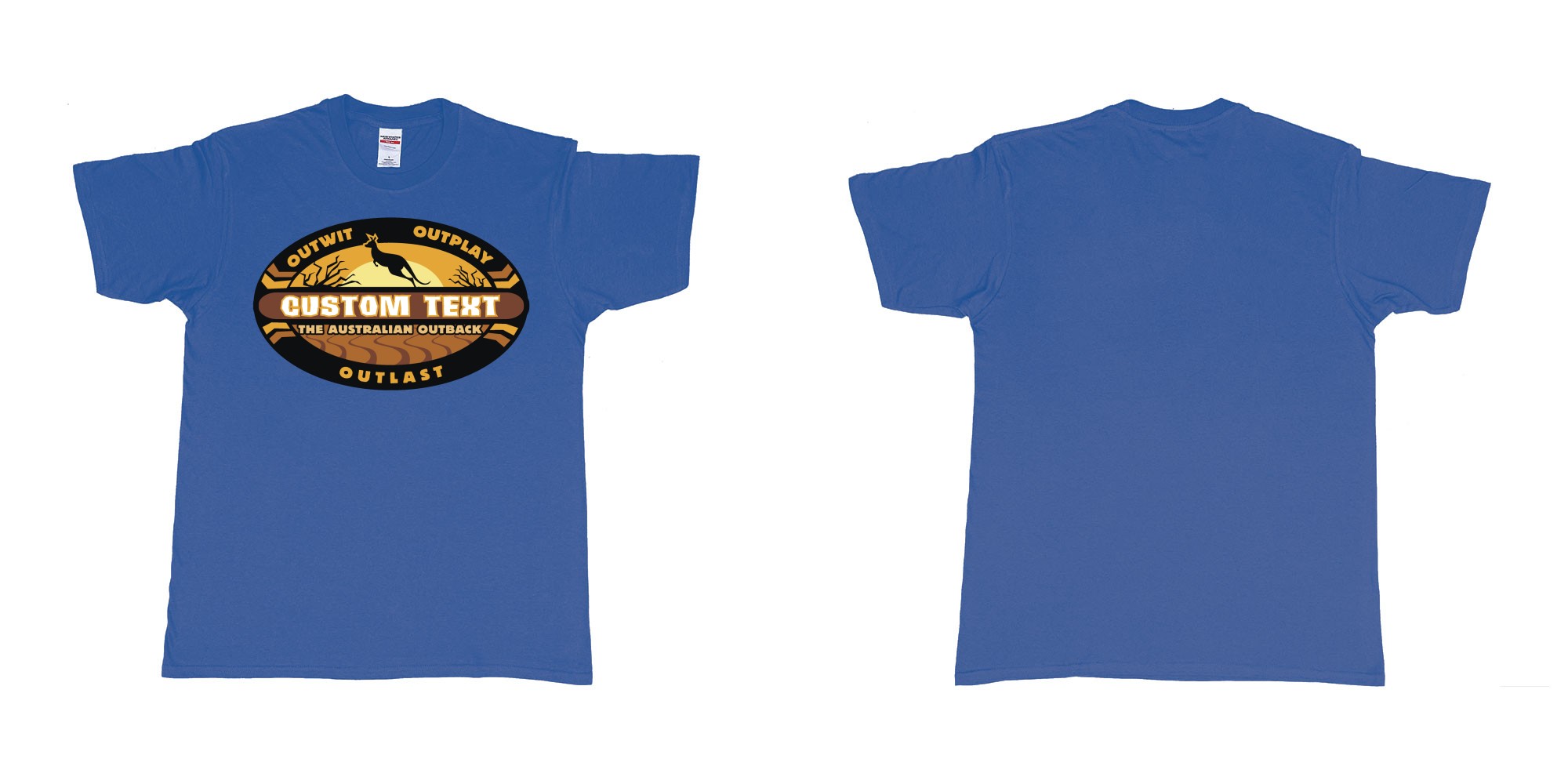 Custom tshirt design the australian outback survivor outwit outplay logo all own custom text print bali in fabric color royal-blue choice your own text made in Bali by The Pirate Way