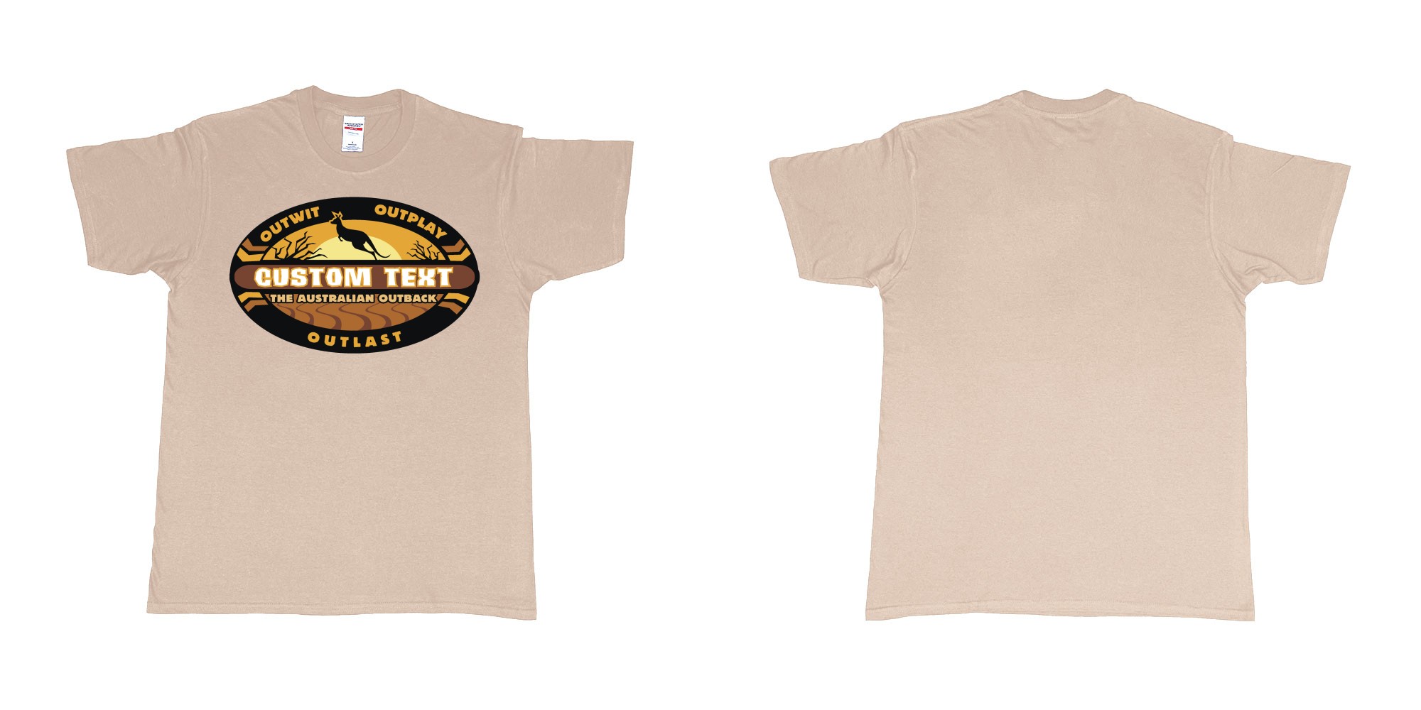 Custom tshirt design the australian outback survivor outwit outplay logo all own custom text print bali in fabric color sand choice your own text made in Bali by The Pirate Way