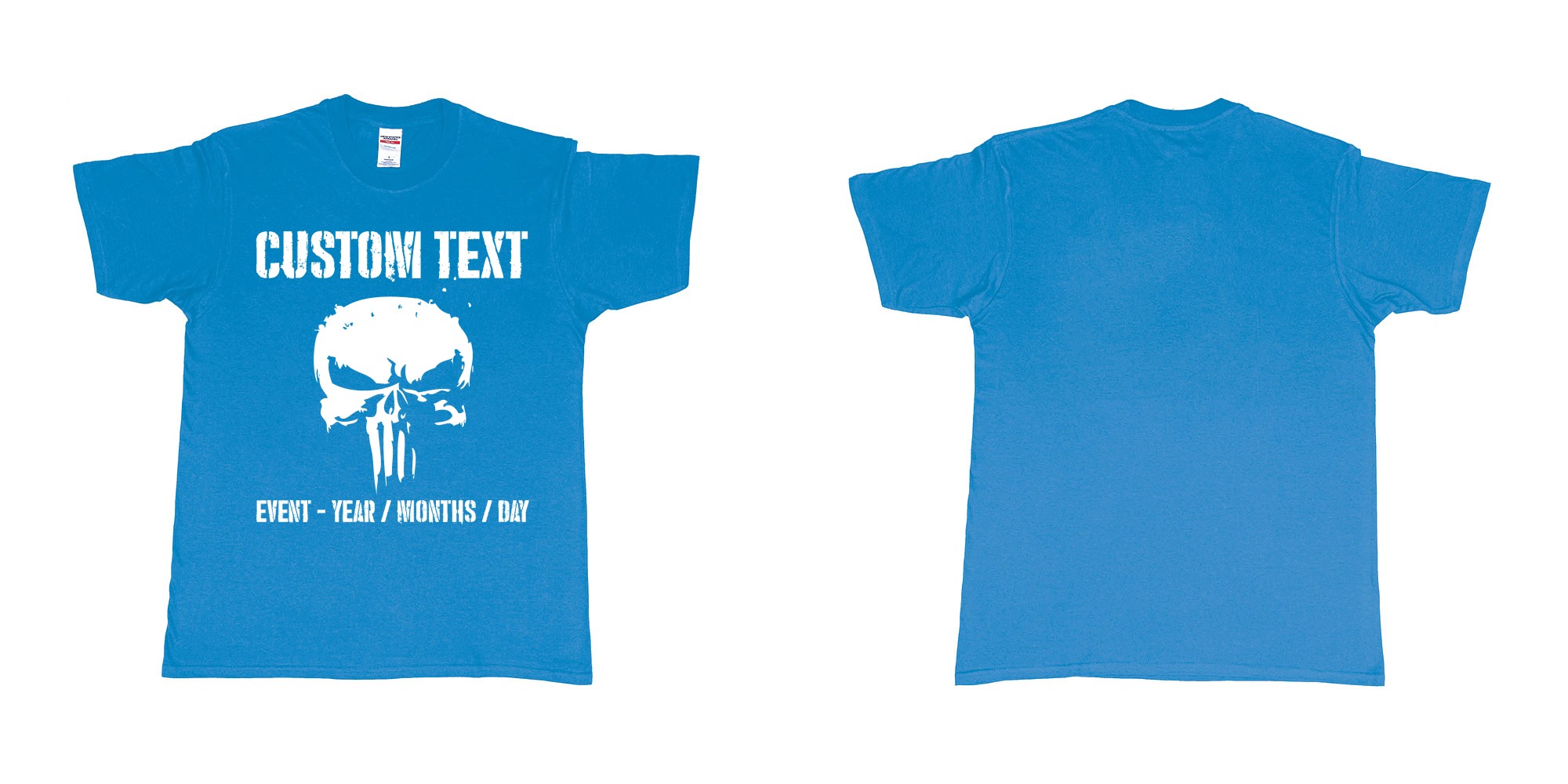 Custom tshirt design the punisher scull logo custom text in fabric color sapphire choice your own text made in Bali by The Pirate Way