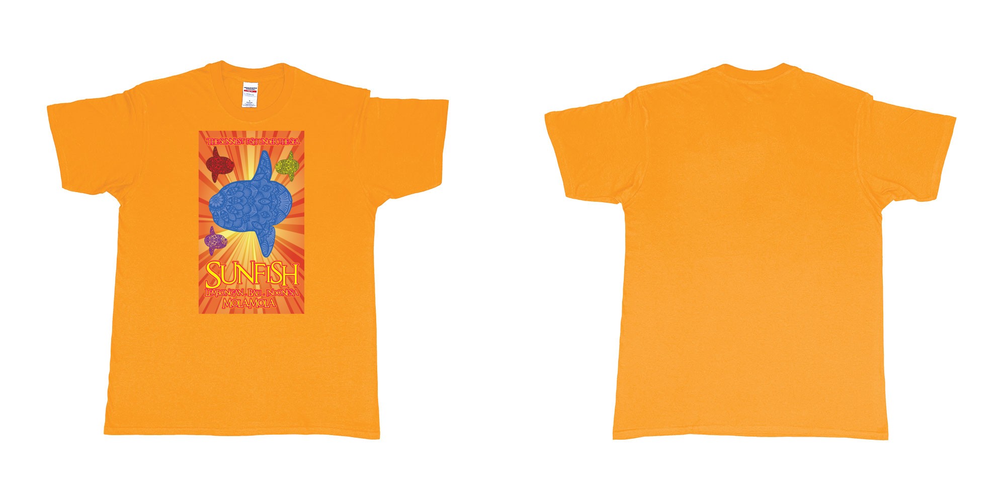 Custom tshirt design the sunniest fish under the sea sunfish mola mola lembongan Bali Indonesia diving in fabric color gold choice your own text made in Bali by The Pirate Way