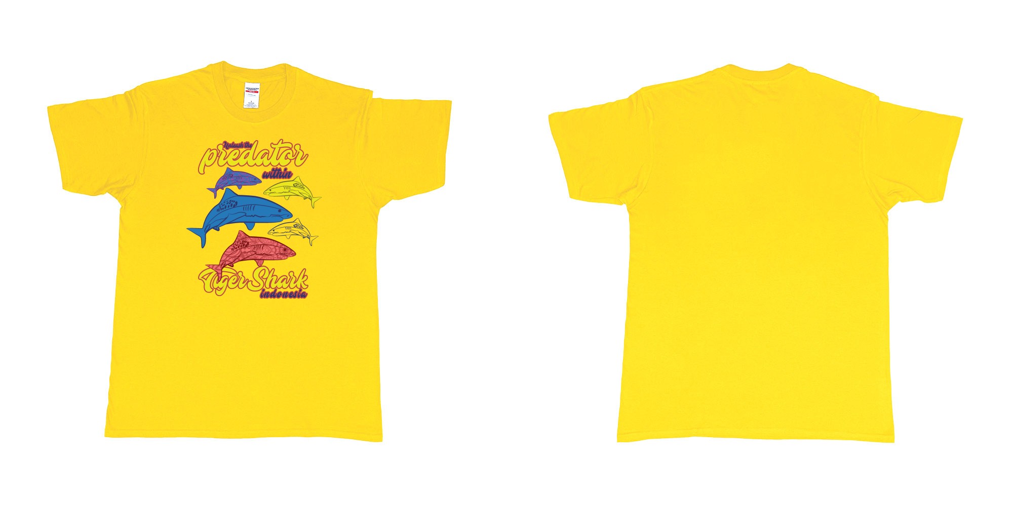 Custom tshirt design tiger shark unleash the predator with indonesia diving in fabric color daisy choice your own text made in Bali by The Pirate Way